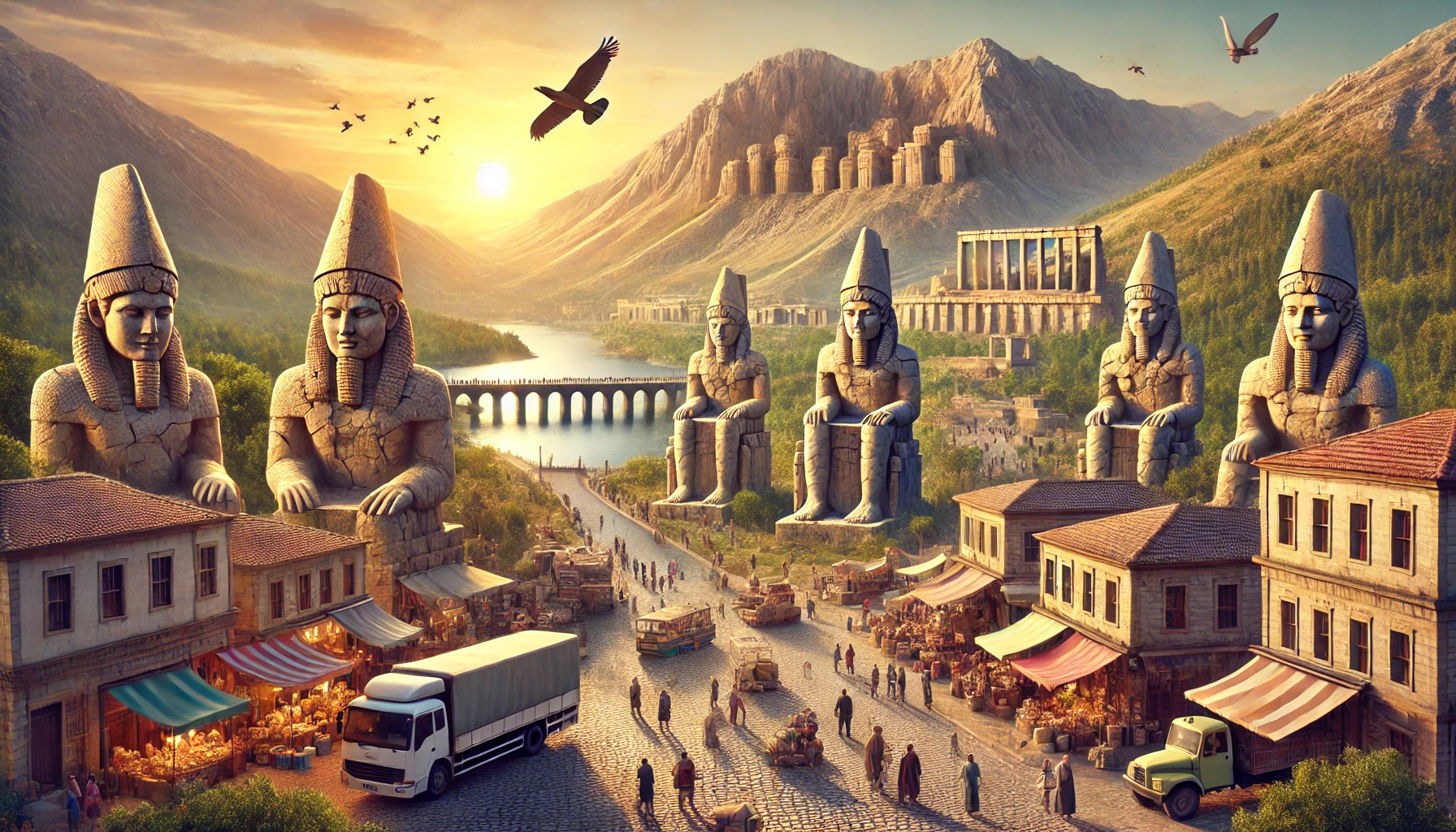 A panoramic view of Adıyaman, Turkey, showcasing its rich history and natural beauty. The image features the giant stone statues of Mount Nemrut at sunrise, the ancient ruins of Arsameia, and the scenic Atatürk Dam. In the foreground, locals and tourists explore vibrant markets with traditional handicrafts and enjoy local delicacies like Adıyaman Kebab. The background includes lush green landscapes and the historic Cendere Bridge spanning the Cendere River. The sky is clear with a warm sunrise casting a golden glow over the entire scene