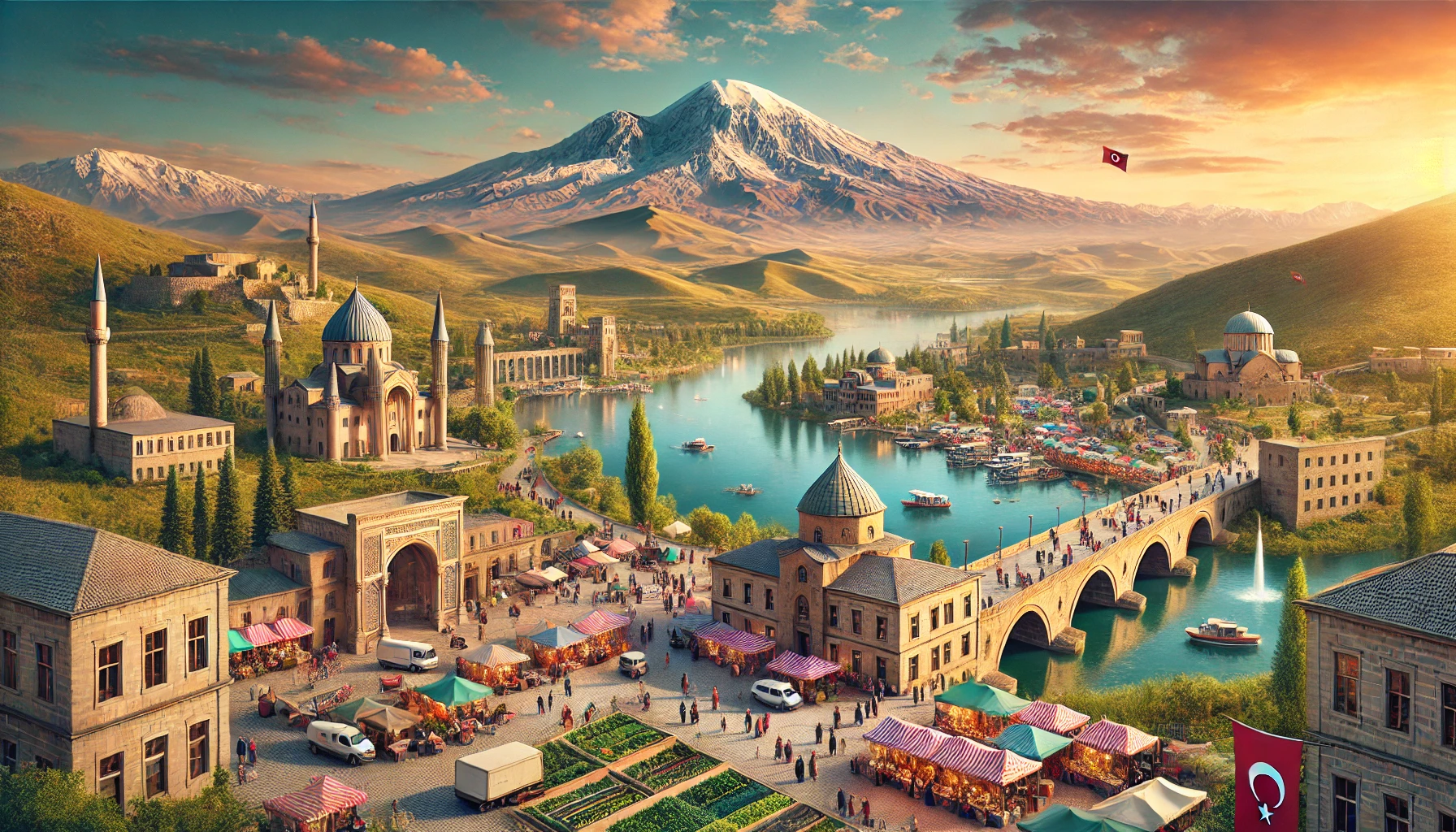 A panoramic view of Ağrı, Turkey, showcasing its natural and historical landmarks. The image features the majestic Mount Ararat with its snow-capped peak, the ancient Ishak Pasha Palace with its intricate architecture, and the serene Lake Balık surrounded by lush greenery. In the foreground, locals and tourists explore vibrant markets with traditional handicrafts and enjoy local delicacies like Ağrı Kebab. The background includes the vast Ağrı Plateau and the historic Cendere Bridge spanning a river. The sky is clear with a beautiful sunset casting a warm glow over the entire scene.