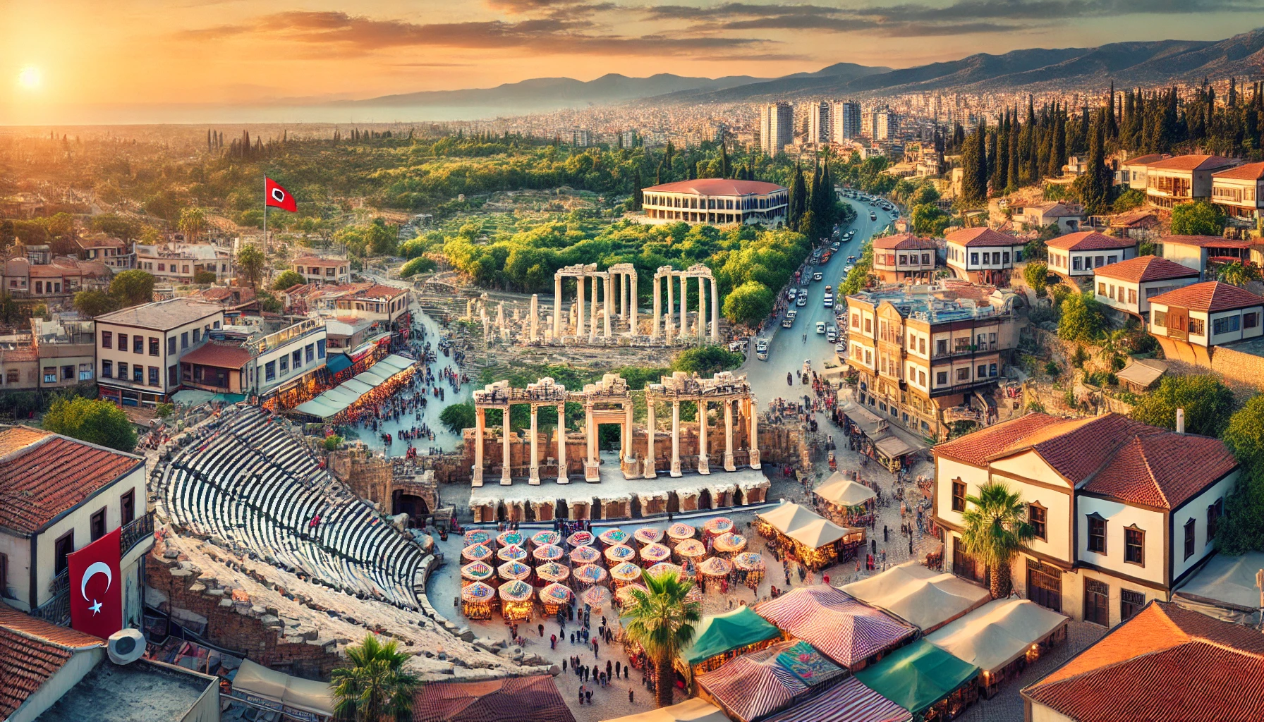 A panoramic view of Aydın, Turkey, featuring ancient ruins of Tralles with temples and theaters, lush green landscapes, vibrant traditional bazaars with locals and tourists in the foreground, and a modern cityscape with contemporary buildings in the background. The sky is clear with a beautiful sunset casting a warm glow over the scene.