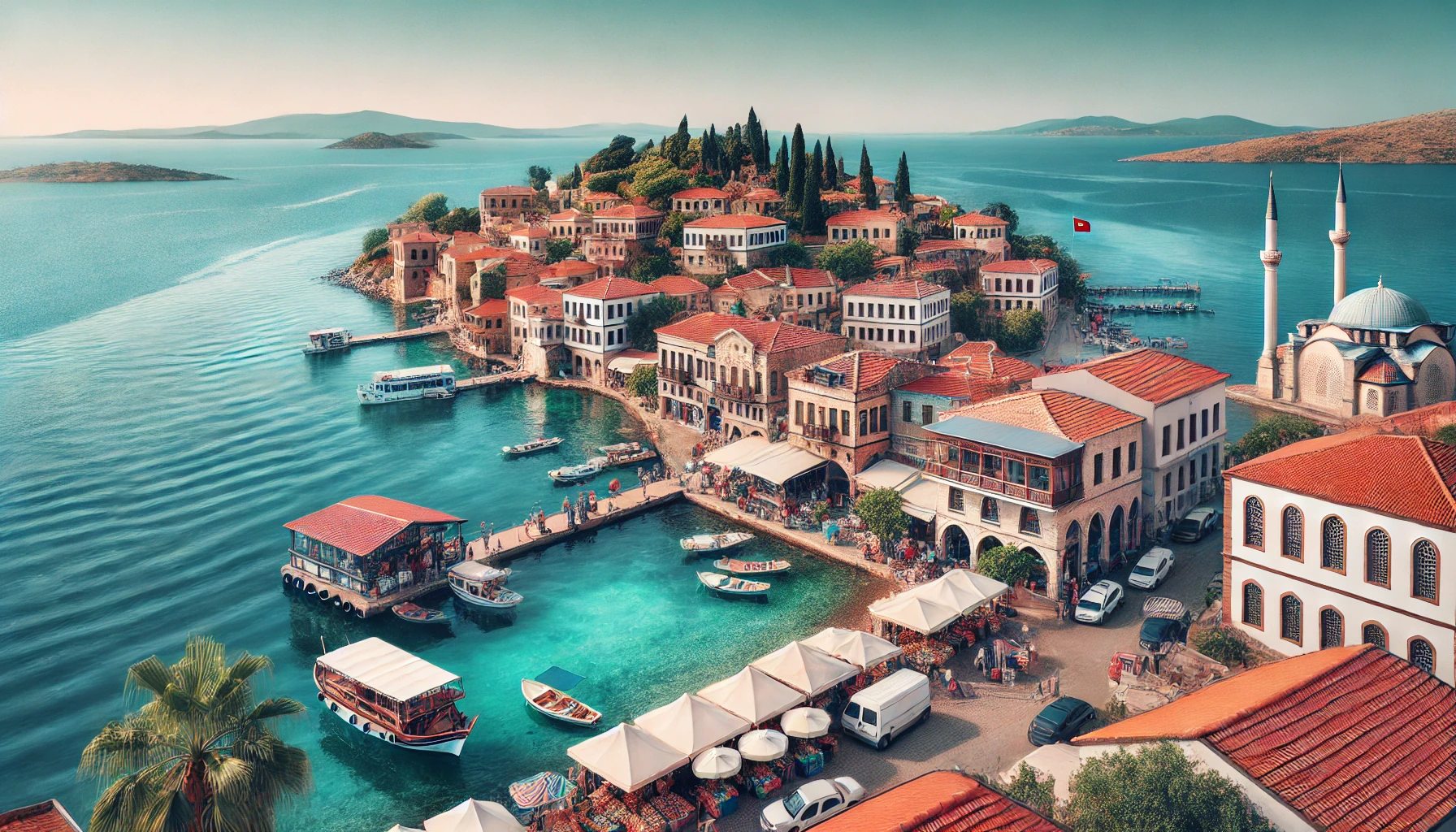 A picturesque view of Ayvalık, Turkey, showcasing its beautiful coastline with clear blue waters, traditional Ottoman-era houses, and a vibrant market. Cunda Island is visible in the background.