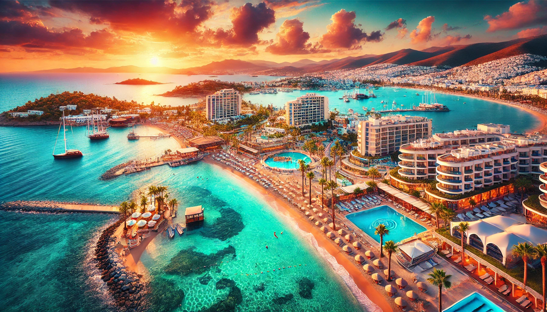 A stunning view of Bodrum, Turkey, showcasing its luxurious resorts along the coastline with crystal-clear waters and sandy beaches.