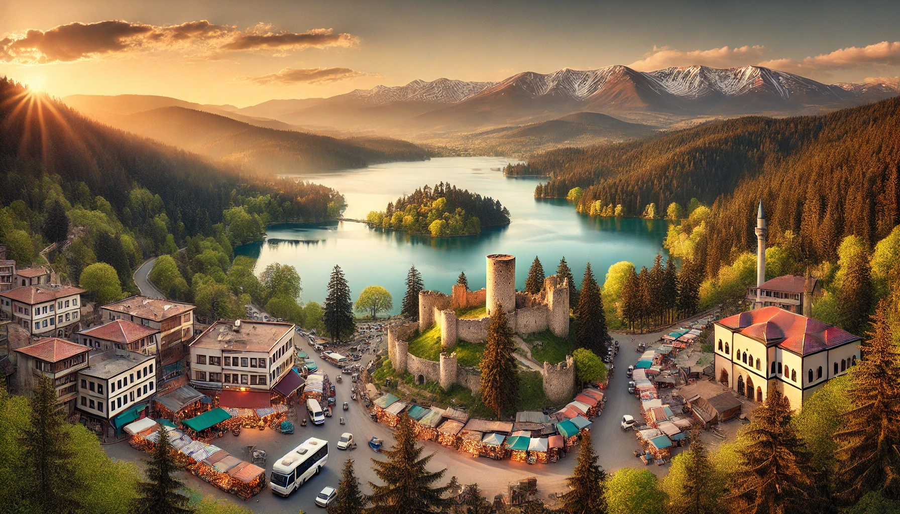 A panoramic view of Bolu, Turkey, showcasing its natural beauty and historical landmarks. The image features the tranquil Abant Lake surrounded by lush forests, the ruins of Bolu Castle on a hill, and the picturesque Gölcük Nature Park. In the foreground, vibrant local markets with locals and tourists can be seen. The background shows the snow-capped mountains of Kartalkaya. The sky is clear with a beautiful sunset casting a warm glow over the entire scene