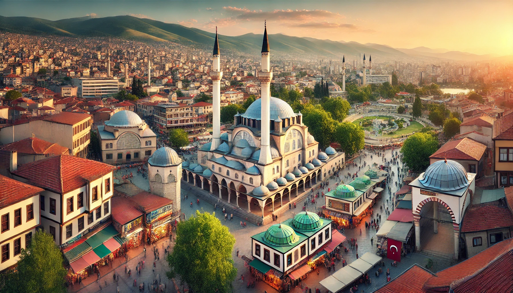 A panoramic view of Bursa, Turkey, showcasing its blend of ancient and modern architecture. The image features the Great Mosque (Ulu Cami), the Green Mosque and Green Tomb, and the bustling Koza Han market. In the background, the lush green slopes of Uludağ National Park can be seen, along with the modern cityscape of Bursa. The foreground shows vibrant bazaars with locals and tourists. The sky is clear with a beautiful sunset casting a warm glow over the entire scene.