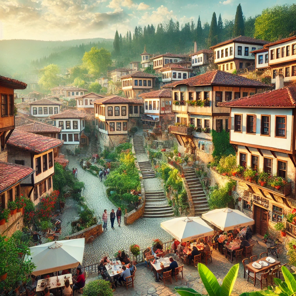 Picturesque view of Cumalıkızık village in Turkey, showcasing traditional Ottoman houses, cobblestone streets, and lush green surroundings.