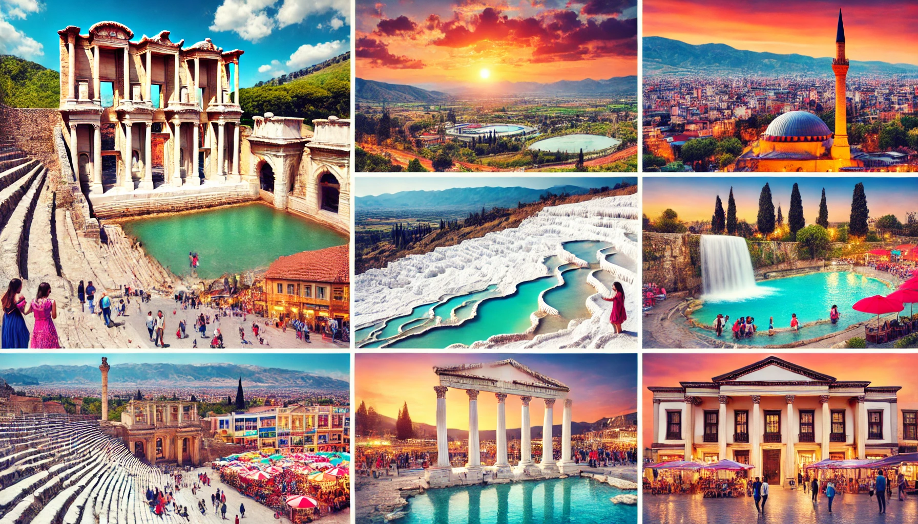 Collage showcasing the highlights of Denizli, Turkey, including the white terraces of Pamukkale, the ancient ruins of Hierapolis, the Cleopatra hot springs, and vibrant scenes of Denizli city with local markets and modern shopping centers.