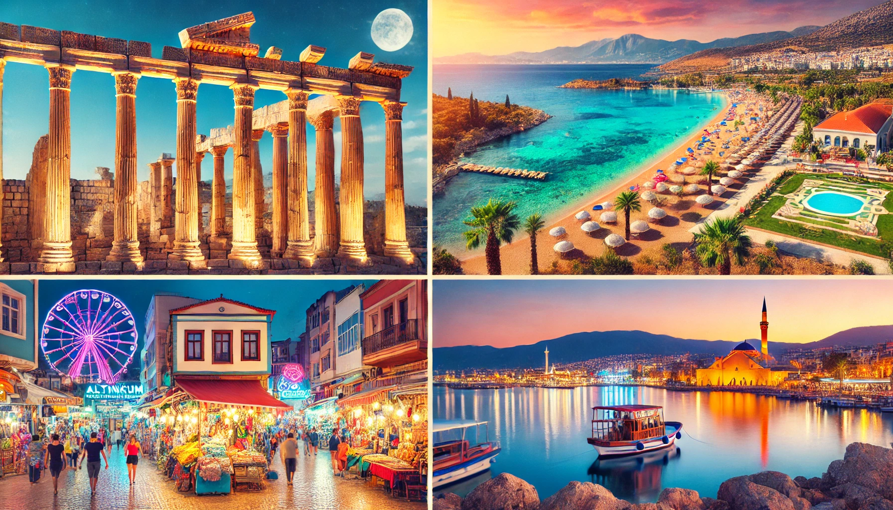 Collage showcasing various attractions in Didim, Turkey, including the ancient ruins of the Temple of Apollo, Altinkum Beach with clear blue waters, a vibrant night market, and a serene view of Lake Bafa.