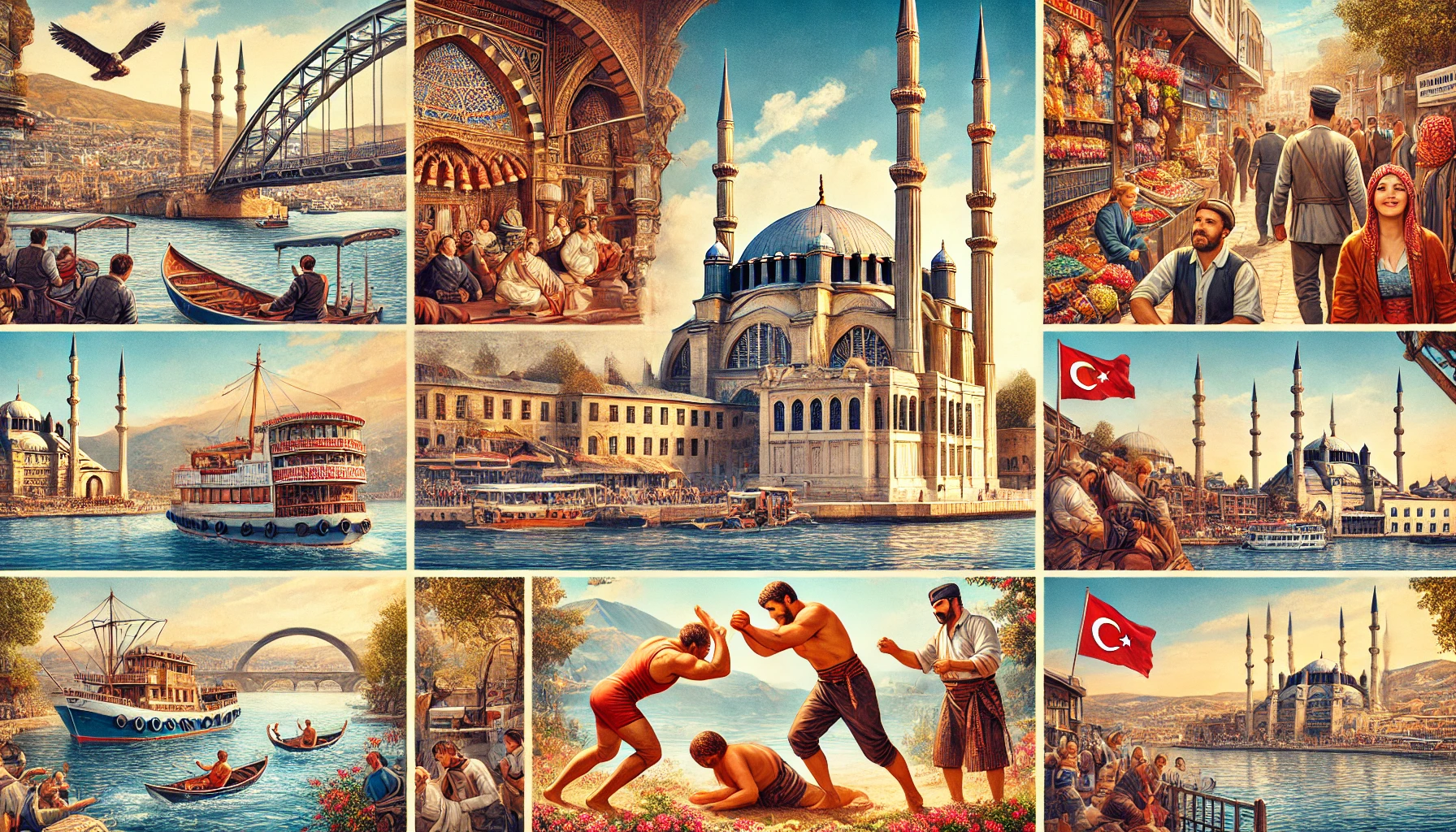 Collage showcasing the highlights of Edirne, Turkey, including the Selimiye Mosque, Ali Pasha Bazaar, Meriç Bridge, and the Kırkpınar Oil Wrestling Festival with tourists enjoying the attractions.