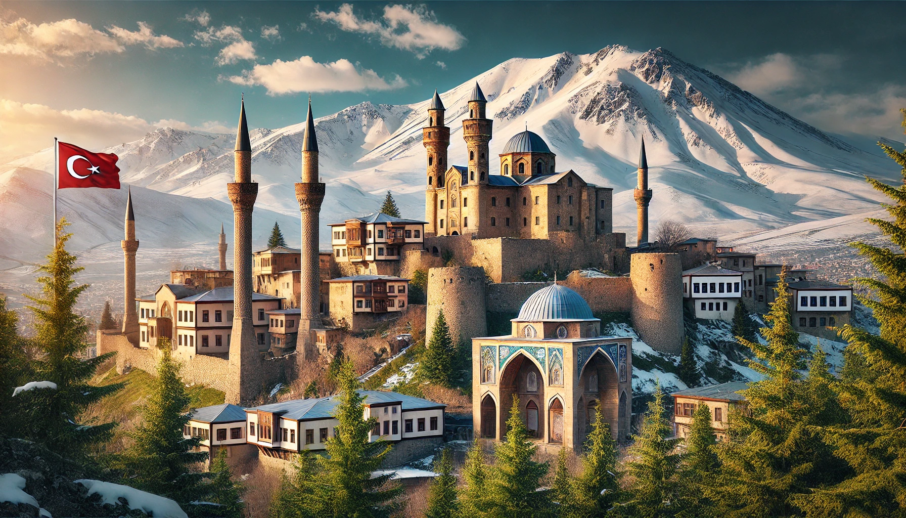 A picturesque view of Erzurum, Turkey, featuring the ancient Erzurum Castle, the Twin Minaret Madrasa, and the snowy slopes of Palandöken Mountain.