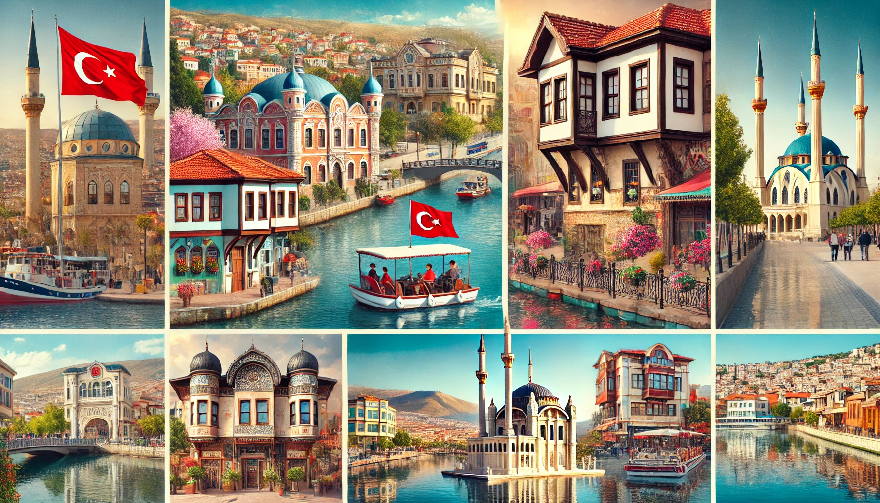 Collage showcasing various landmarks and attractions in Eskişehir, Turkey, including historic Ottoman houses in Odunpazarı, the Fairy Tale Castle in Sazova Park, boat tours on the Porsuk River, the Eskişehir Opera House, and the vibrant Adalar District.