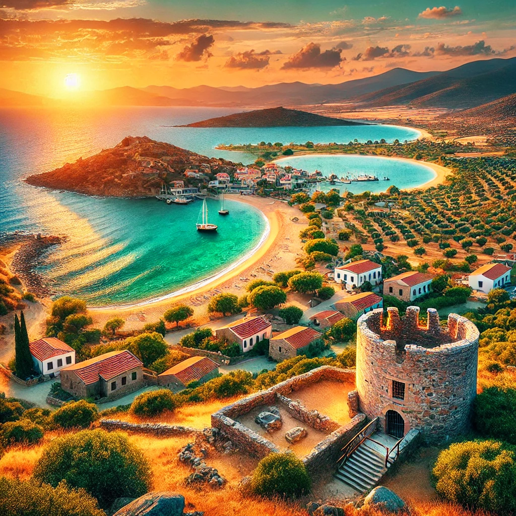 Picturesque view of Gökçeada, Turkey’s largest island, featuring the ruins of an ancient fortress, Aydıncık Beach, traditional stone houses in Zeytinli Village, and a sunset over the Aegean Sea.