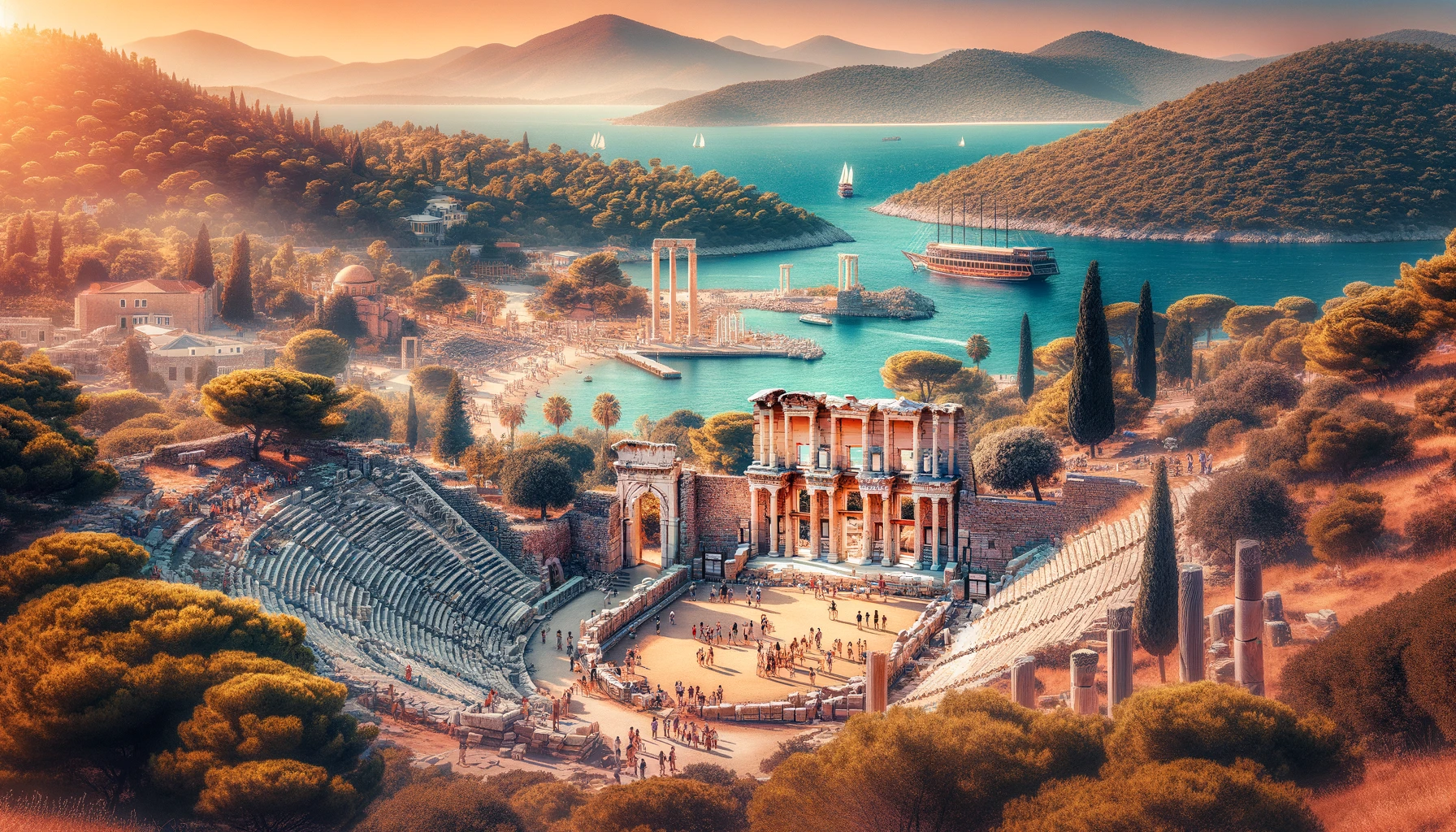 A stunning view of the ancient city of Halicarnassus in Bodrum, Turkey, featuring the ruins of the Mausoleum of Halicarnassus, the Myndos Gate, and the ancient theater, with lush greenery and the blue waters of the Aegean Sea in the background.