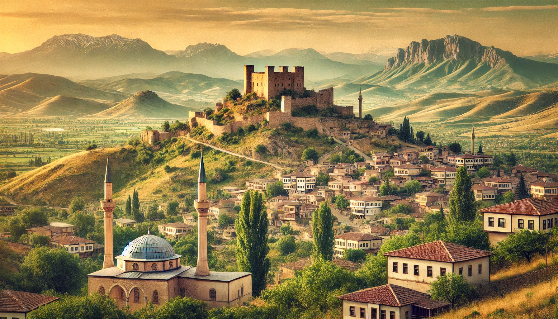 A scenic view of Harput in Elazığ, Turkey, featuring the ancient Harput Castle on a hilltop, the Great Mosque (Ulu Camii), and traditional houses with lush greenery and distant mountains in the background.