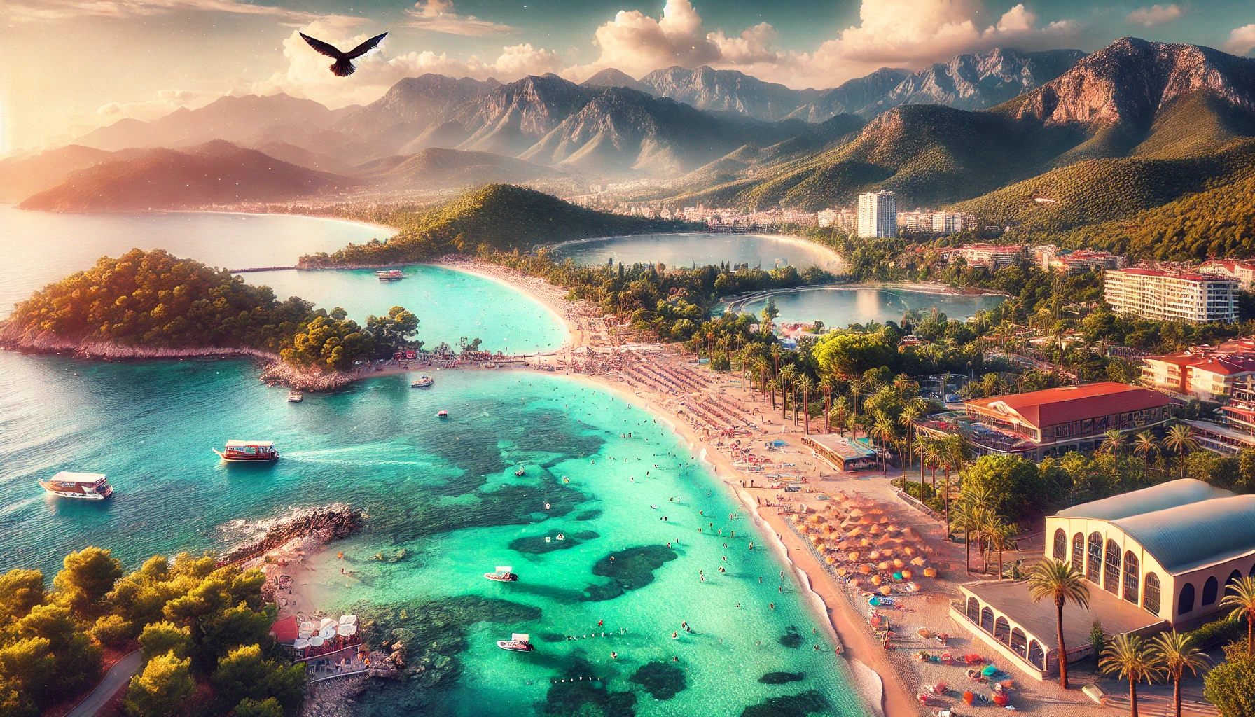 A picturesque view of Kemer, Antalya, Turkey, featuring its beautiful coastline with crystal-clear waters, lush green mountains, and a vibrant beach scene.