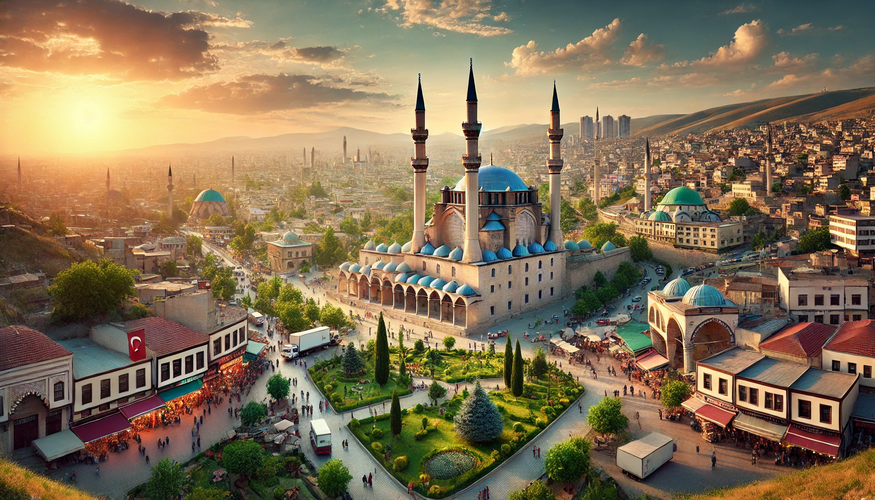 A panoramic view of Konya, Turkey, featuring the historic Alaeddin Mosque on Alaeddin Hill, the Karatay Medrese, modern cityscape in the background, lush green gardens, bustling bazaars with locals and tourists, and a clear sky with a beautiful sunset casting a warm glow over the city.