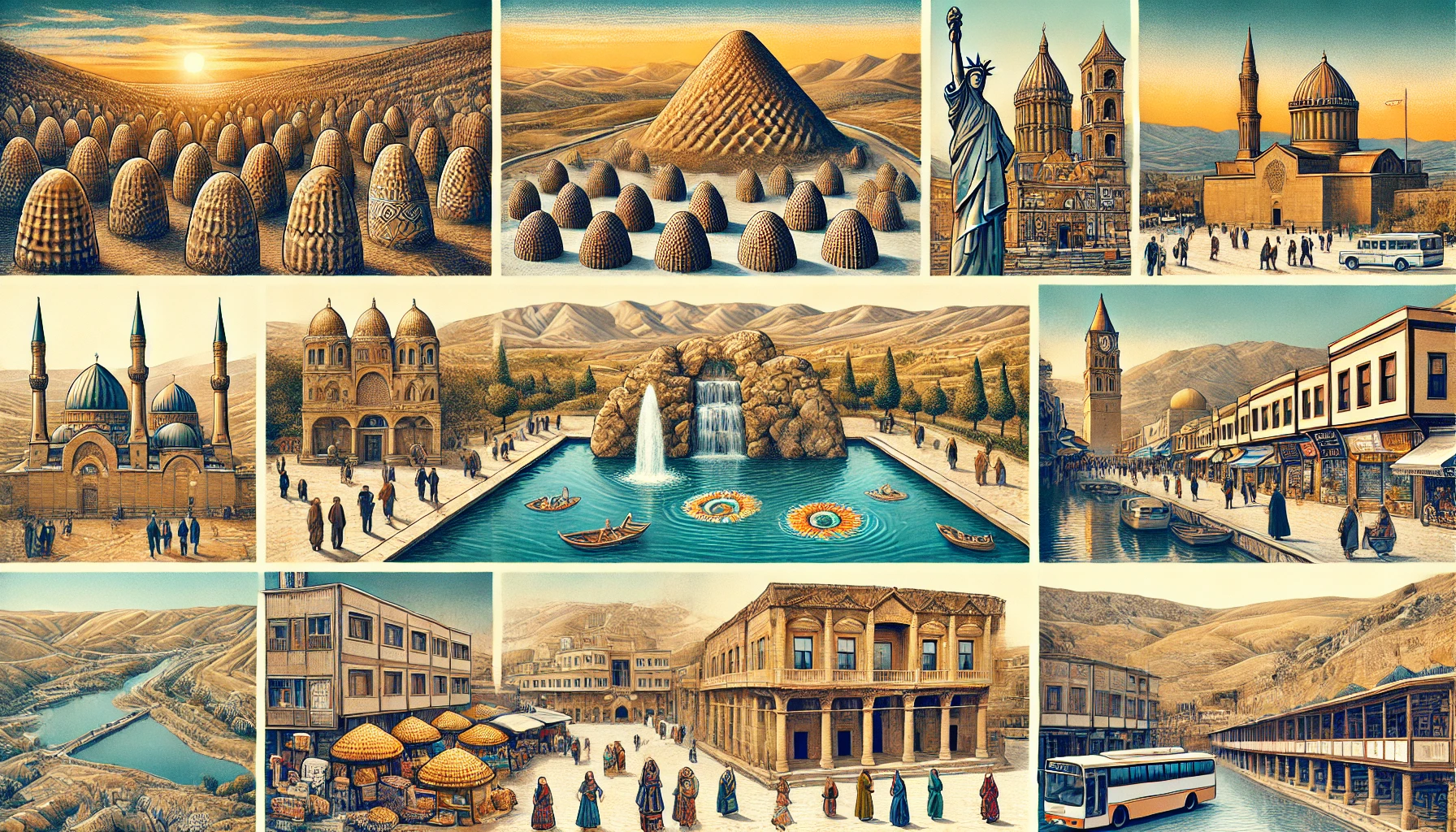 Collage showcasing various landmarks and cultural highlights of Şanlıurfa, Turkey, including Göbekli Tepe, Balıklıgöl (Pool of Sacred Fish), Urfa Castle, Harran's beehive houses, and the Şanlıurfa Bazaar.