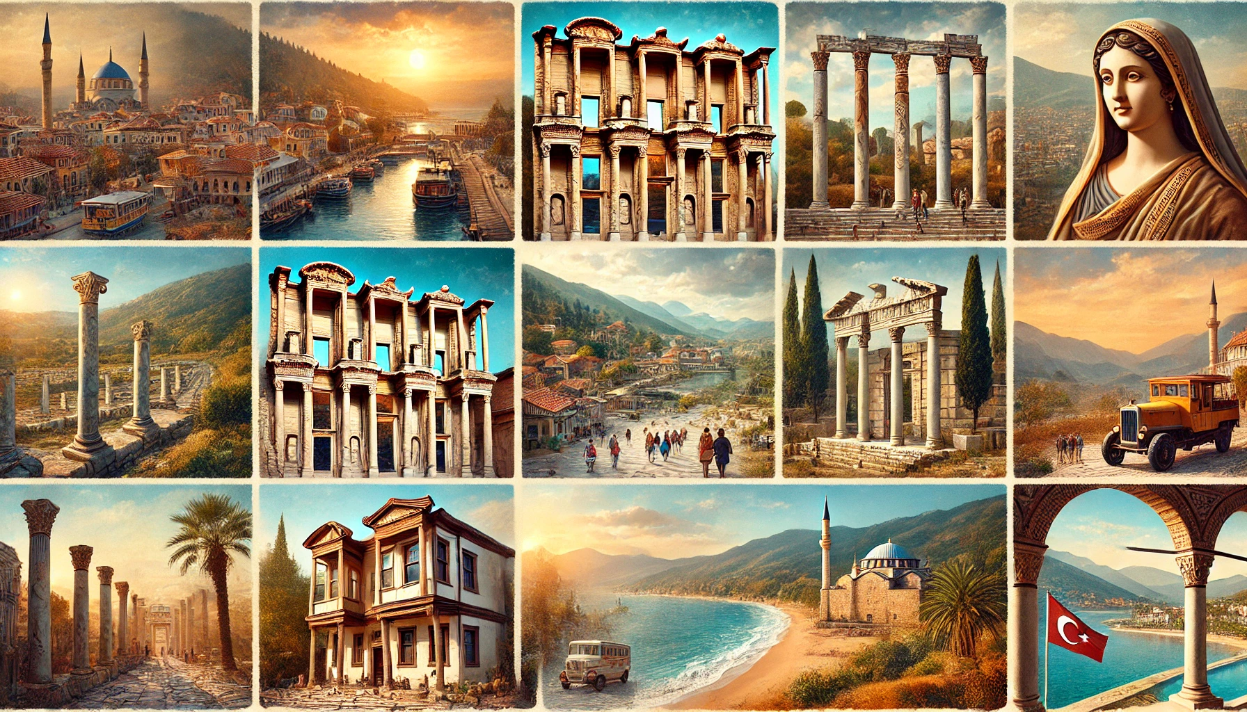 Collage showcasing various landmarks and experiences in Selçuk, İzmir, Turkey, including the ancient ruins of the city Ephesus, the Temple of Artemis, the House of the Virgin Mary, Selçuk Castle, Sirince Village, Pamucak Beach, and the İsa Bey Mosque.