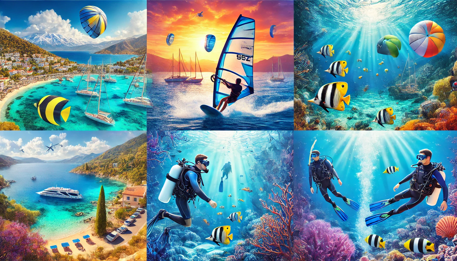 A vibrant scene showcasing water sports in Turkey, featuring windsurfing in Çeşme and Bitez, and scuba diving in Marmaris, Fethiye, Kaş, and Antalya. The image includes clear blue waters, windsurfers in action, and scuba divers exploring underwater treasures, set against beautiful coastal landscapes.