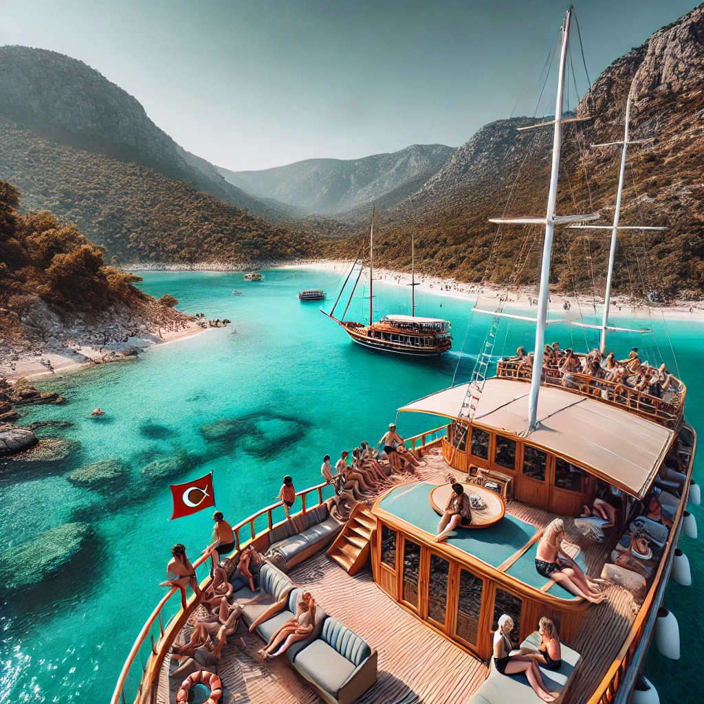 Tourists enjoying a traditional gulet cruise along the turquoise coast of Turkey with clear blue waters and lush green hills.