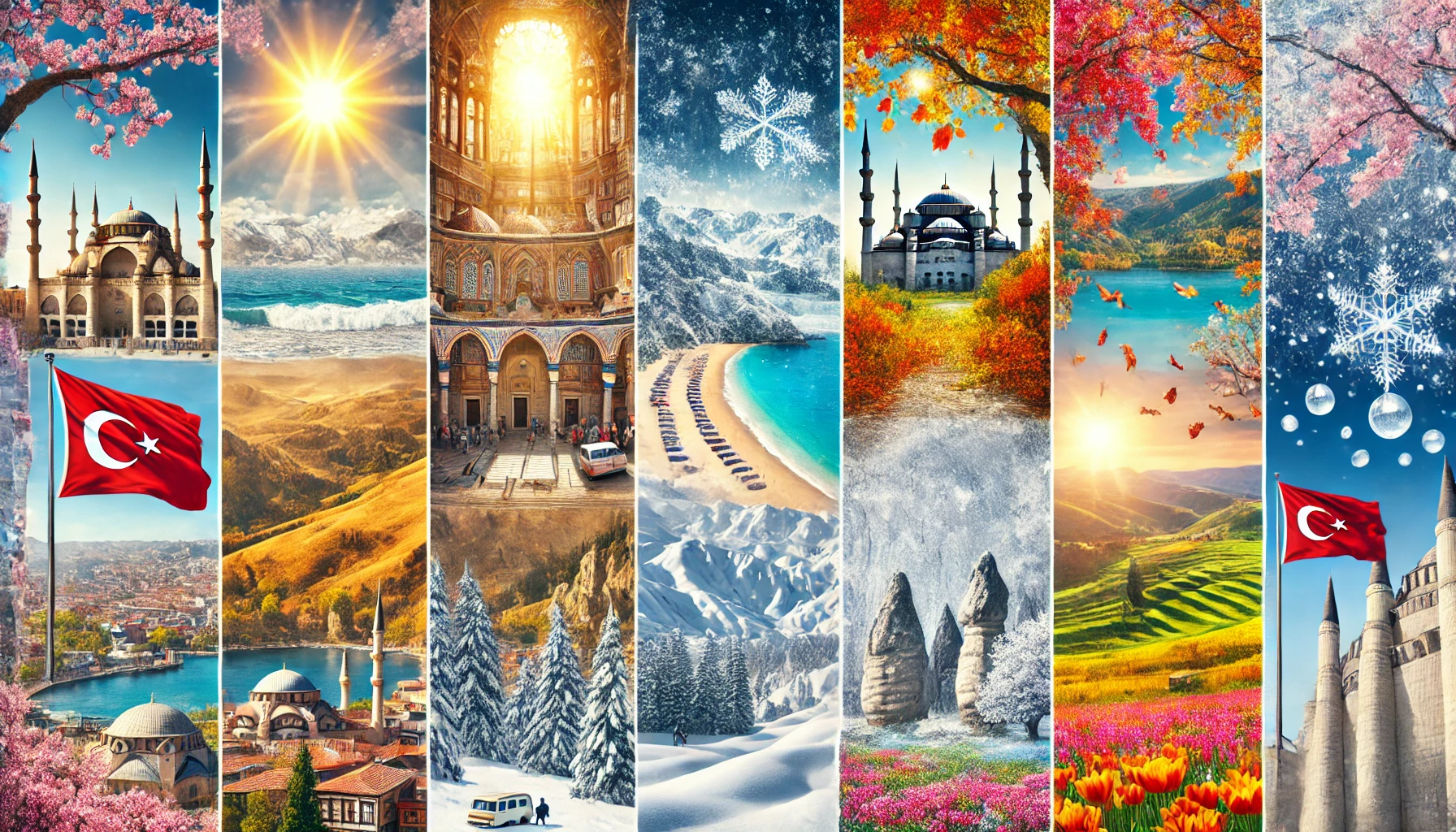 Collage showcasing different weather conditions and seasons in Turkey, including sunny beaches, snowy mountains, colorful autumn forests, and spring blossoms, featuring landmarks like the Blue Mosque in Istanbul, the beaches of Antalya, and the fairy chimneys of Cappadocia.