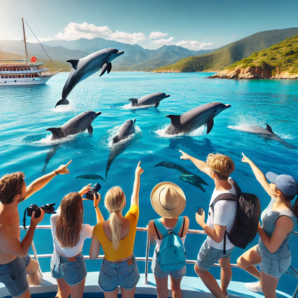 Tourists on a boat watching whales and dolphins off the coast of Turkey with clear blue waters and lush green hills in the background.