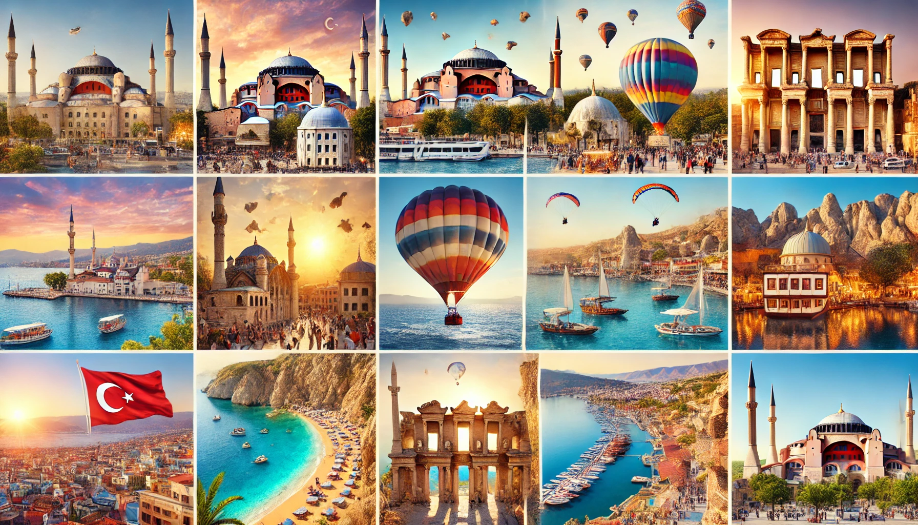 A collage showcasing the diverse and beautiful cities and towns in Turkey. The image includes the Hagia Sophia and the Blue Mosque in Istanbul, hot air balloons over the fairy chimneys in Cappadocia, the stunning beaches of Antalya, paragliders over the Blue Lagoon in Ölüdeniz, the luxurious marinas of Bodrum, and the ancient ruins of Ephesus. The scenes are vibrant and capture the essence of these popular destinations under a clear blue sky.