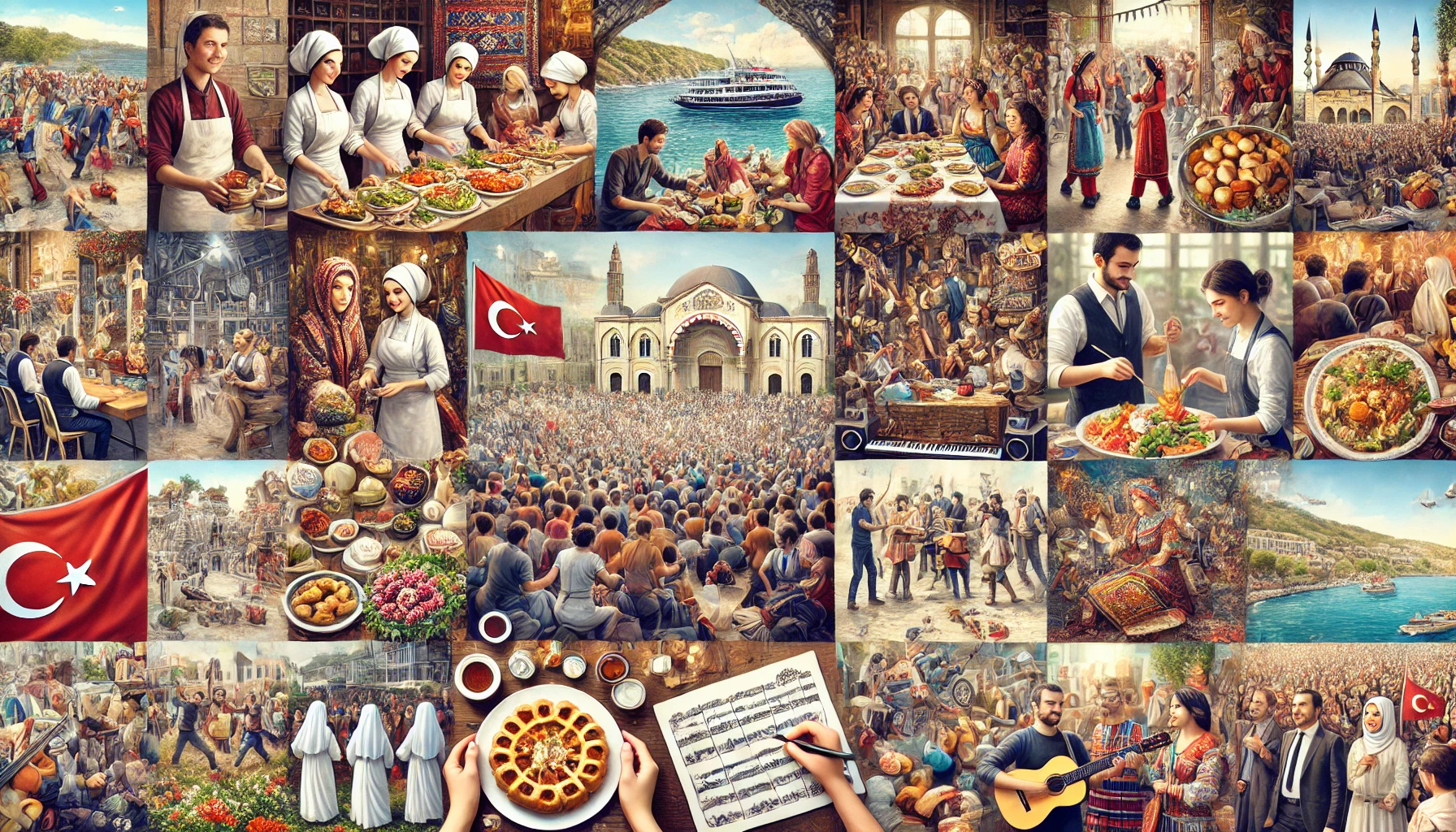 Collage showcasing various events and activities in Turkey, including people participating in cooking and art workshops, visitors at art exhibitions and historical shows, crowds enjoying music festivals and traditional celebrations, audiences watching theater and dance performances, and fans cheering at sporting events.