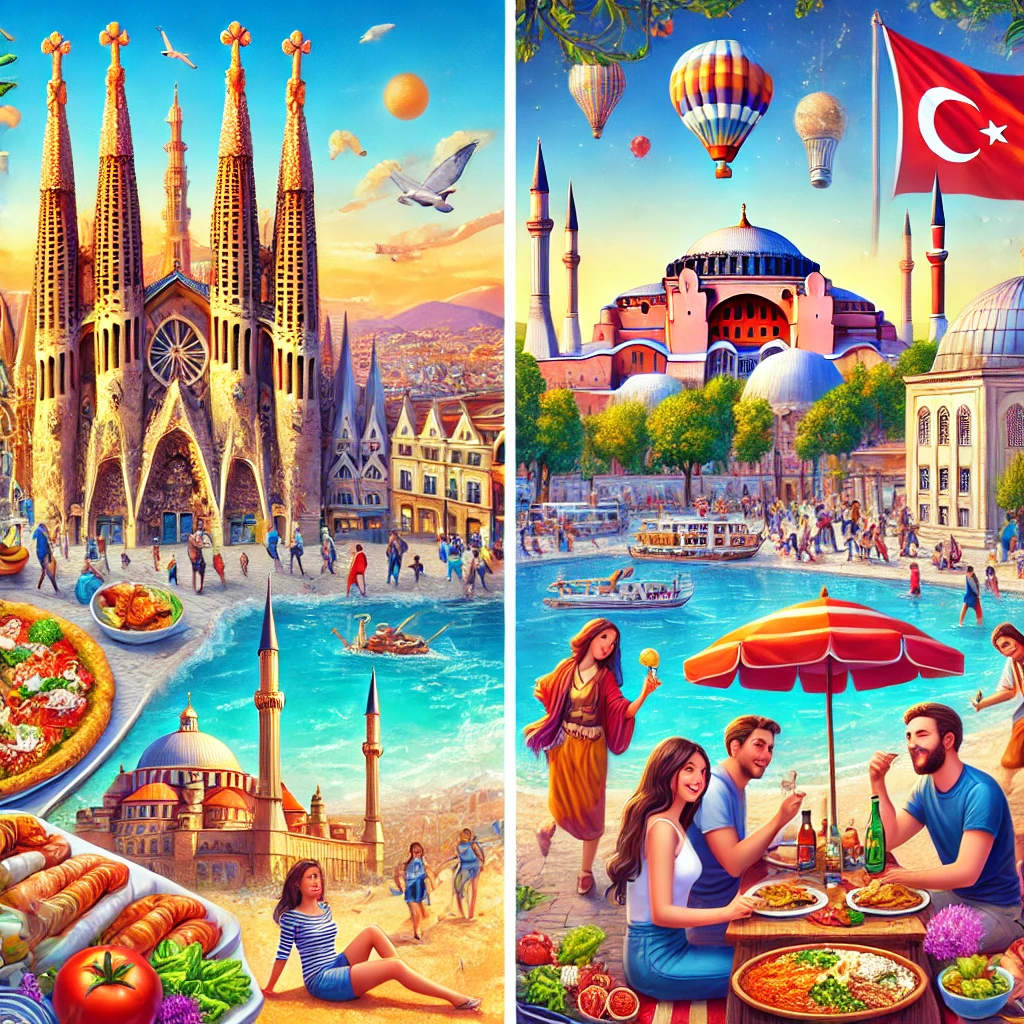 Vibrant scene contrasting Spain's iconic landmarks with Turkey's famous sites, showcasing the unique attractions of both destinations.