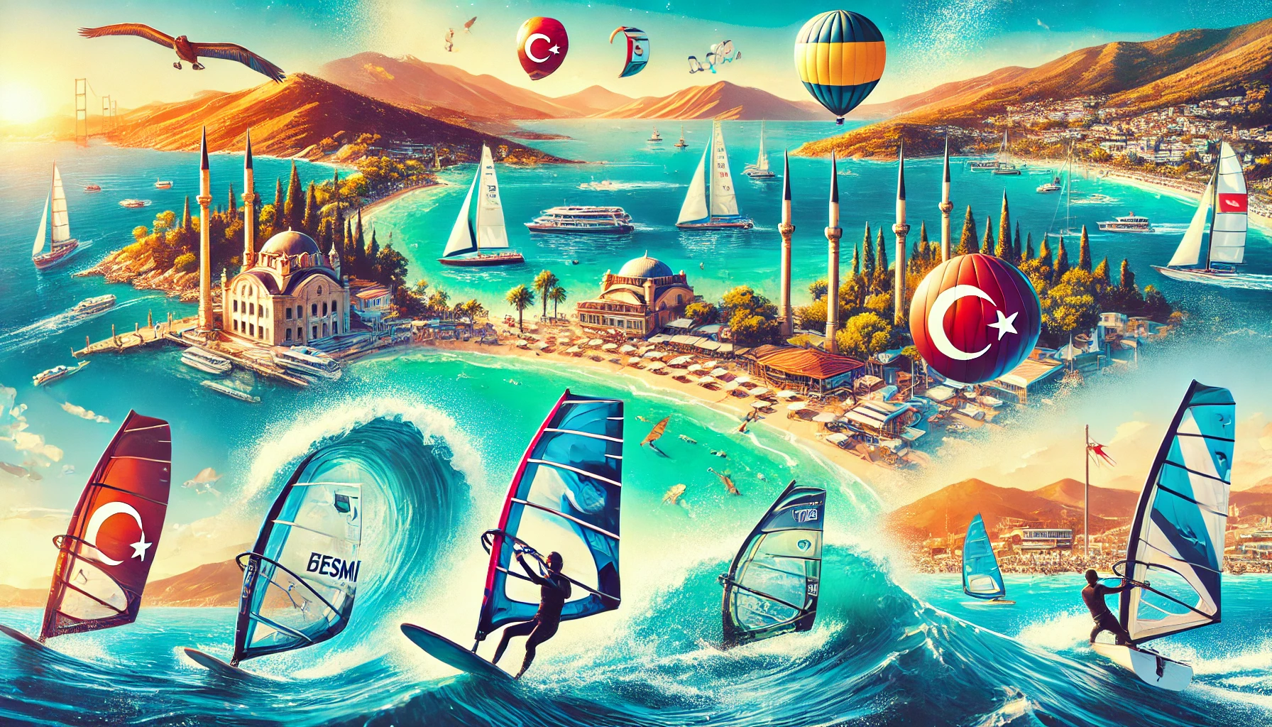 A vibrant scene showcasing windsurfing in Turkey, featuring windsurfers riding the waves at popular spots such as Alaçatı, Bodrum, Marmaris, Çeşme, Datça, and Antalya, with clear blue waters and beautiful coastal landscapes.