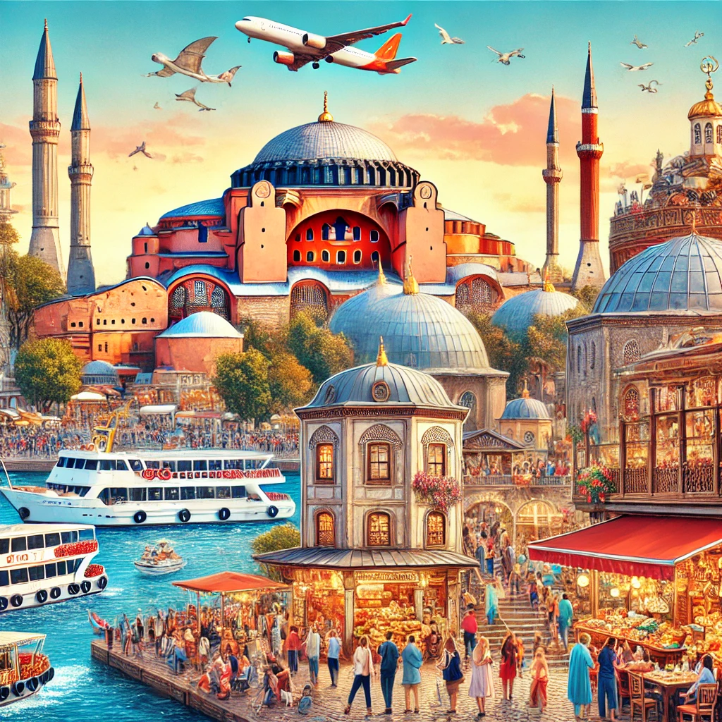 Iconic landmarks of Istanbul, including Hagia Sophia, the Blue Mosque, and the bustling Grand Bazaar, with tourists exploring and boats cruising the Bosphorus Strait.