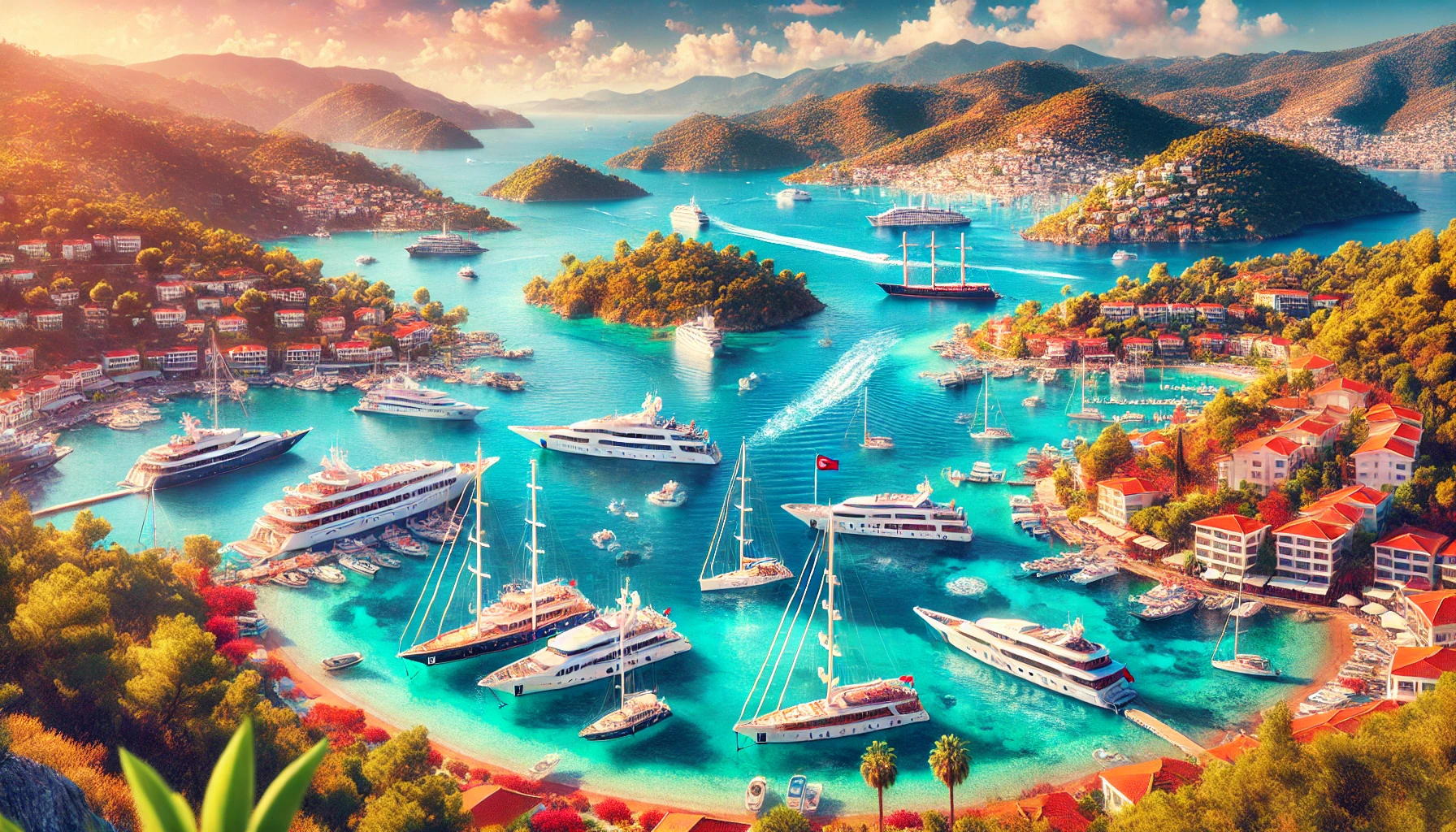 A vibrant scene showcasing yacht tourism in Turkey, featuring yachts anchored in the clear blue waters of bays such as Kuşadası, Çelebi Marina, Fethiye, Bodrum, and Göcek, with scenic coastlines and lush green landscapes in the background.