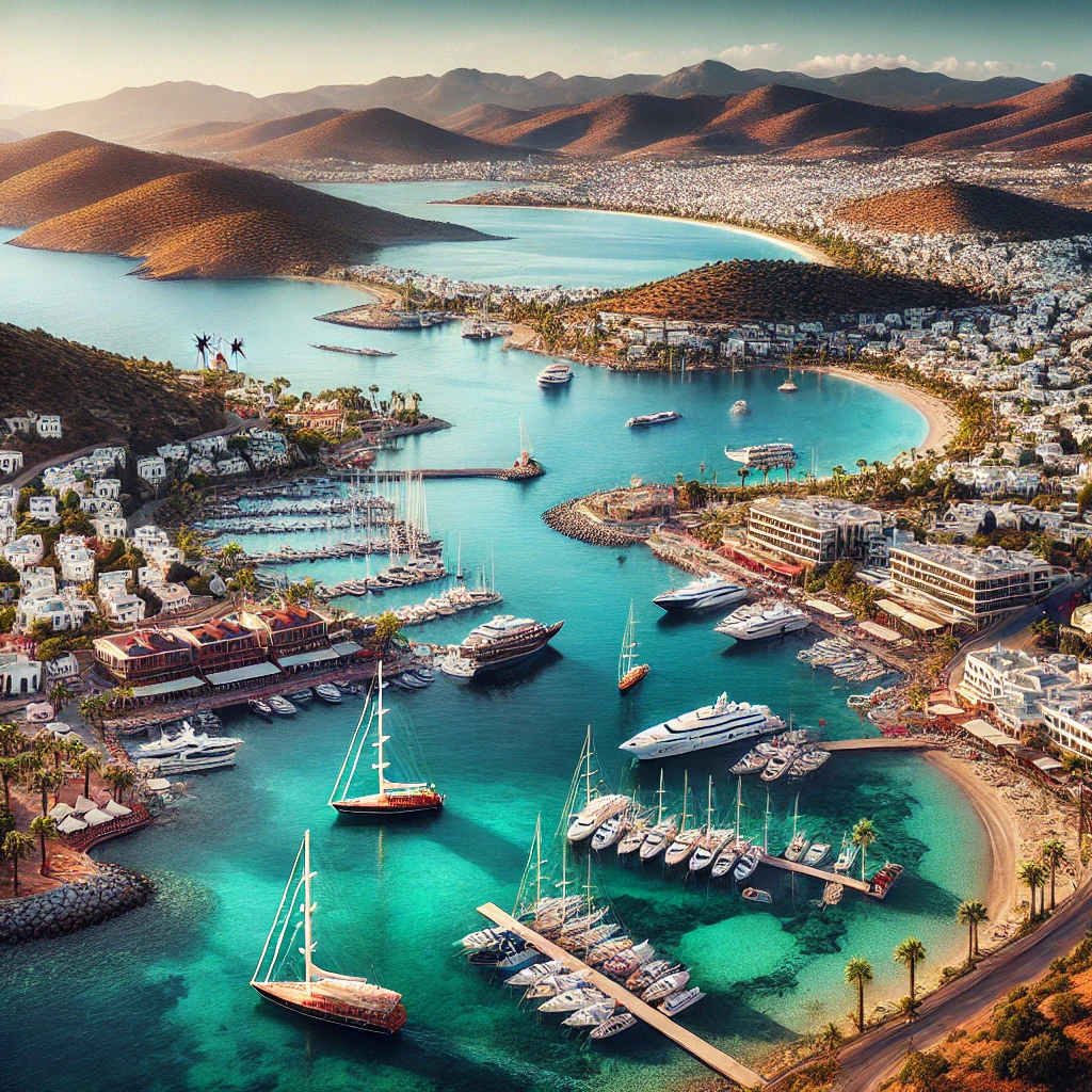 A picturesque view of Yalıkavak, a neighborhood in Bodrum, Turkey, featuring its stunning Aegean coastline, charming town center, and vibrant marina.