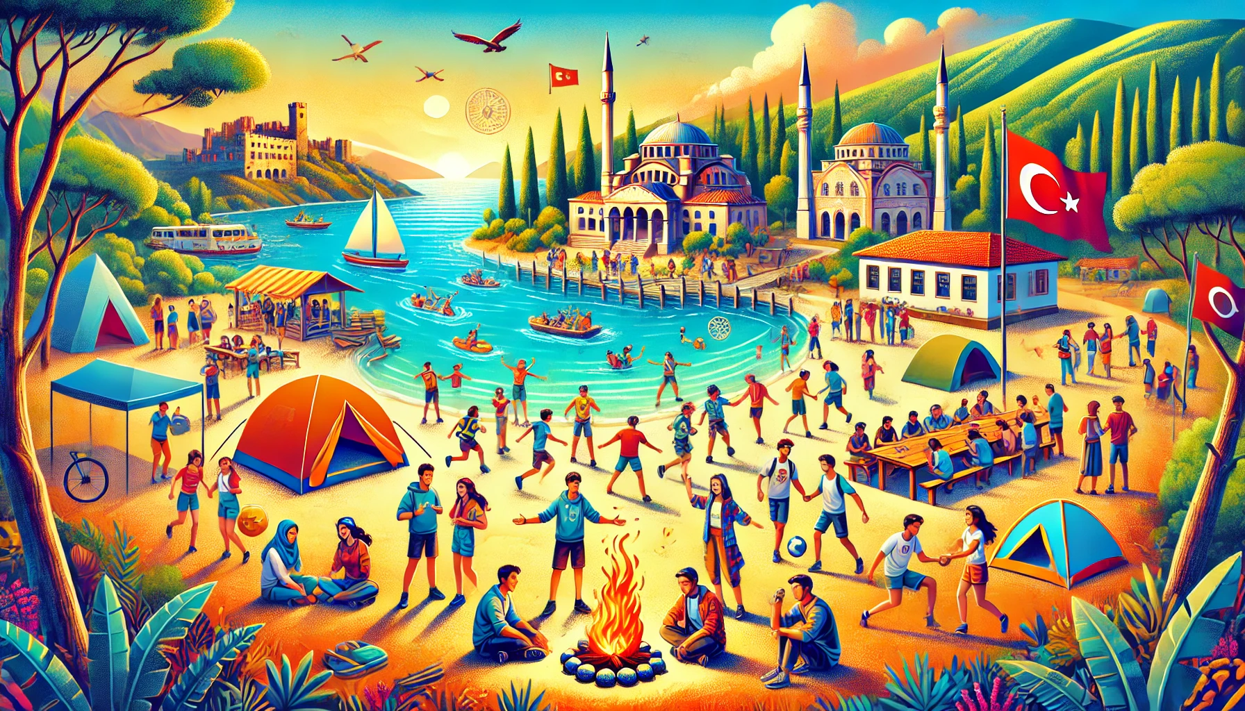 Youth camp in Turkey with diverse young people participating in activities on a beach, with tents, a bonfire, sports, cultural exchanges, and environmental activities, set against a backdrop of mountains and historical landmarks.