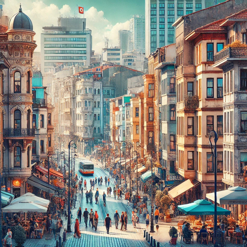 A bustling street scene in Zeytinburnu, Istanbul, Turkey, featuring a mix of historical buildings and modern shops. People are walking along the sidewalks, and the street is lined with cafes and markets.