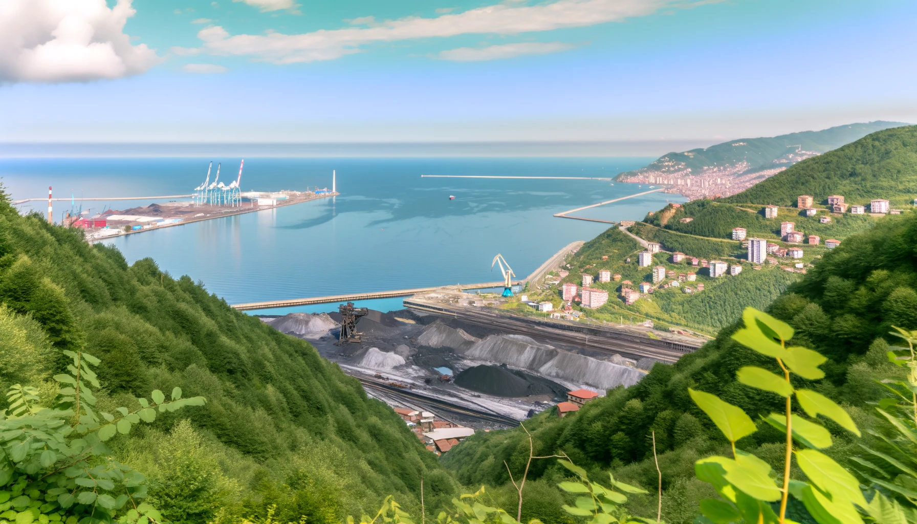 Scenic view of Zonguldak, Turkey featuring the city's port, coal mines, green mountains, and Black Sea coastline.