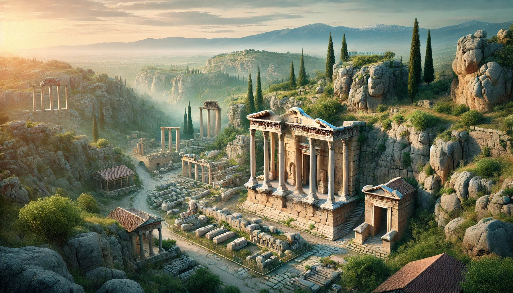 A picturesque view of the ancient city of Ḫattuša in Turkey, featuring well-preserved ruins of the Lions' Gate, the Great Temple, and the rock sanctuary of Yazılıkaya, set against a backdrop of lush greenery and a clear blue sky.