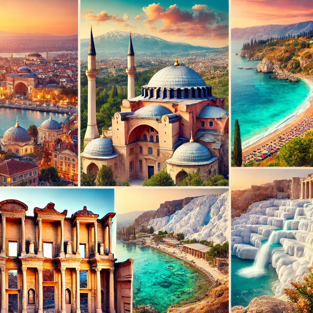 Scenic collage showcasing Turkey's top attractions, including Hagia Sophia, Cappadocia's fairy chimneys, Antalya's turquoise coast, Ephesus ruins, and Pamukkale terraces.