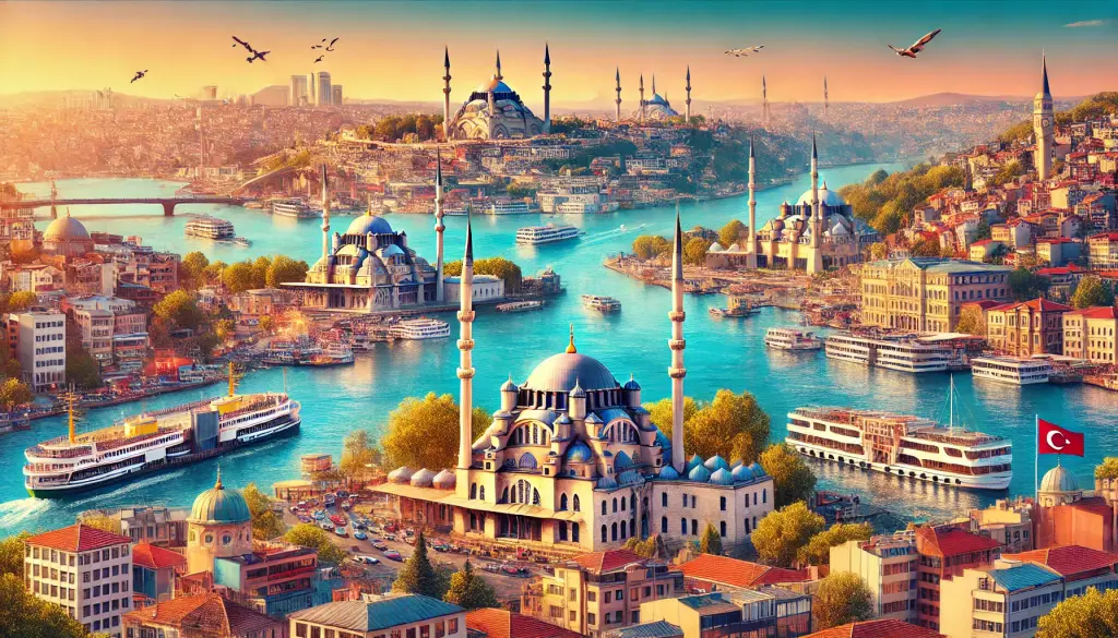 Scenic view of Istanbul and Edirne showcasing the Bosphorus Strait, Galata Tower, and Selimiye Mosque.