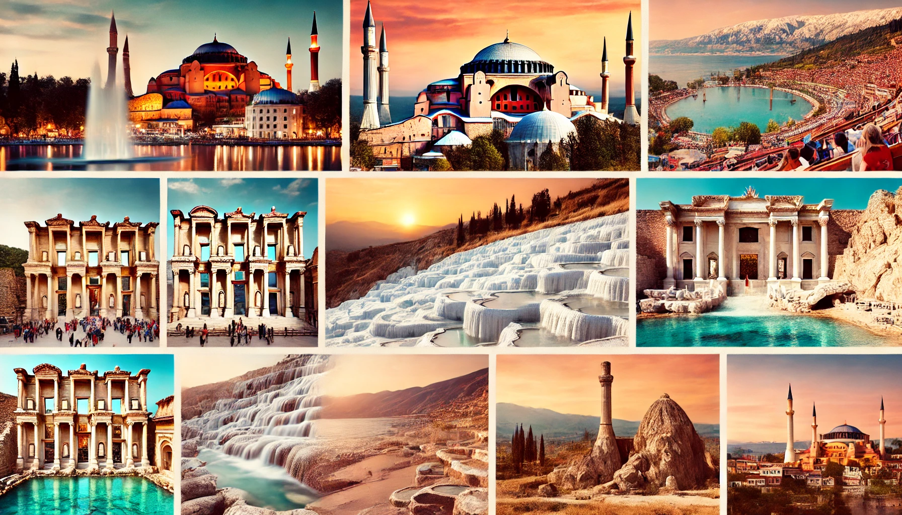 Collage of iconic landmarks and beautiful landscapes in Turkey, including Hagia Sophia, Pamukkale, Cappadocia, and Antalya beaches.