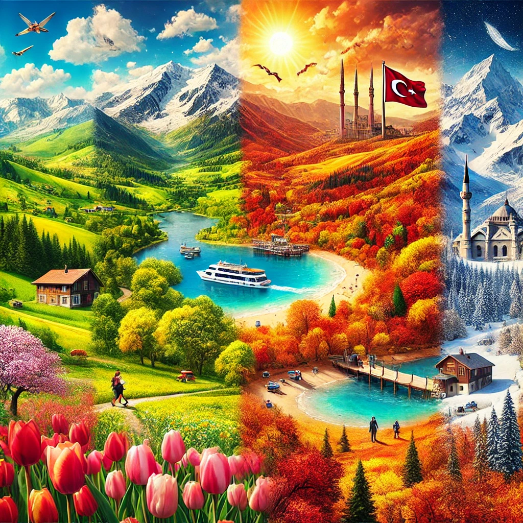 Panoramic view of Türkiye showcasing its diverse seasons, including spring tulips, a summer beach, autumn foliage, and a snowy winter village.