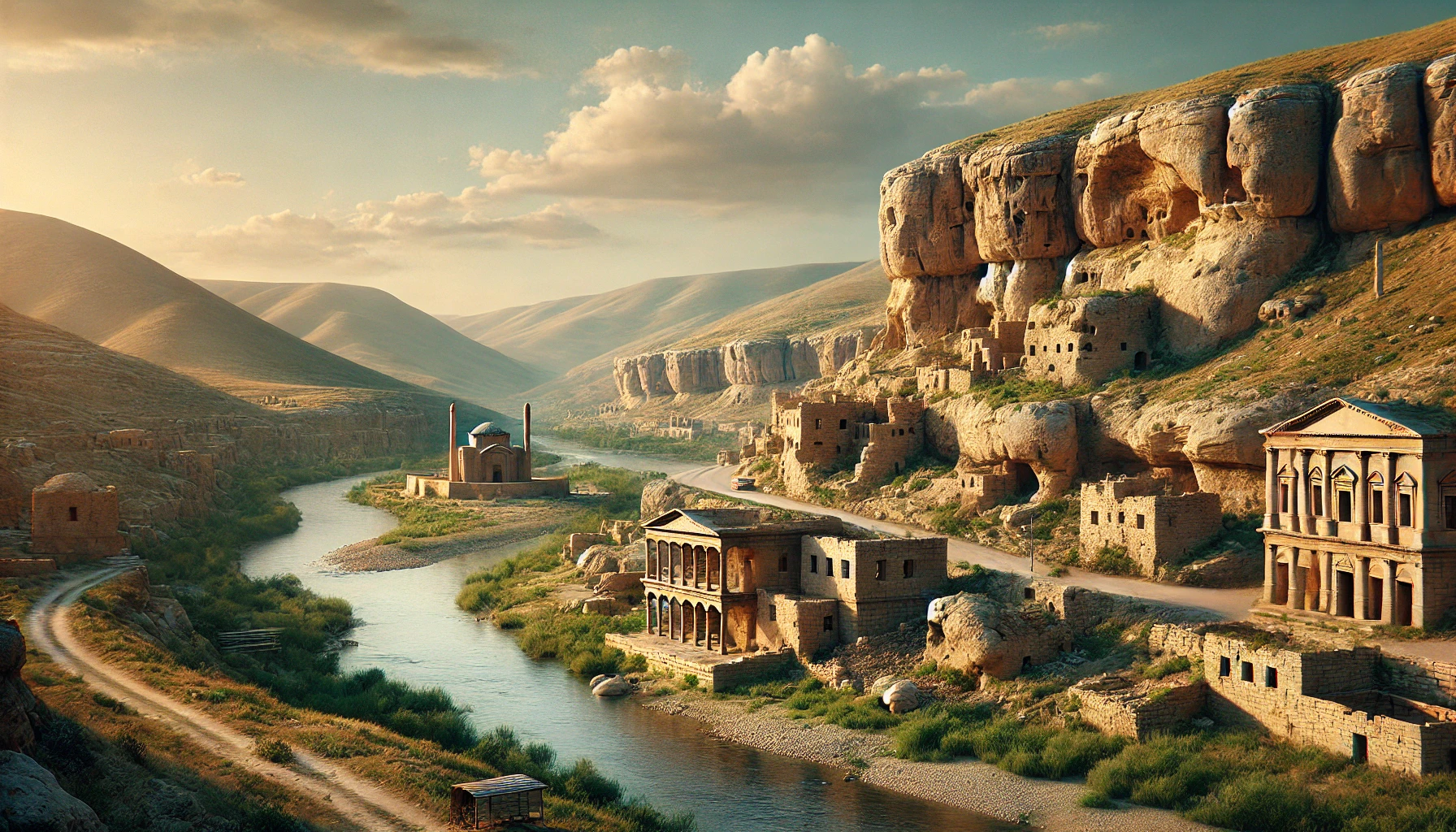 Realistic view of Hasankeyf, Batman - Turkey, showcasing ancient ruins along the Tigris River with rock-cut houses and the Zeynel Bey Mausoleum.