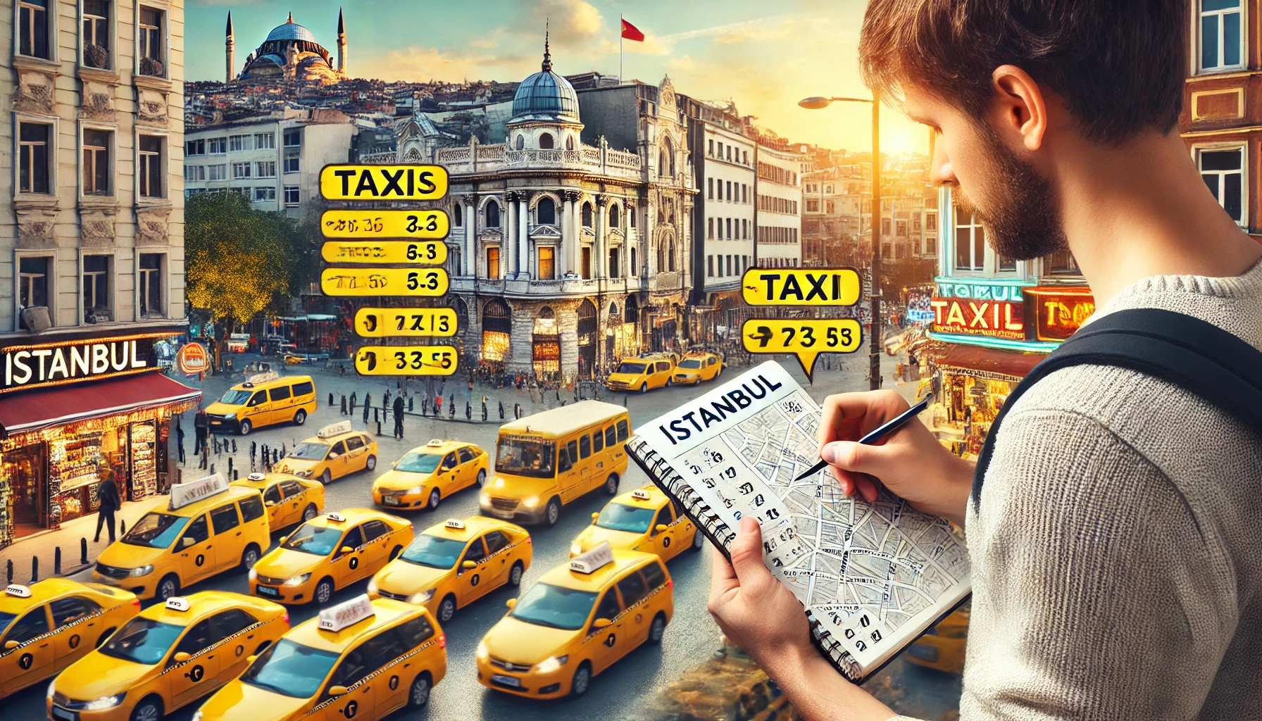 Traveler planning budget with Istanbul taxi prices highlighted on a map, with a busy street and yellow taxis in the background.