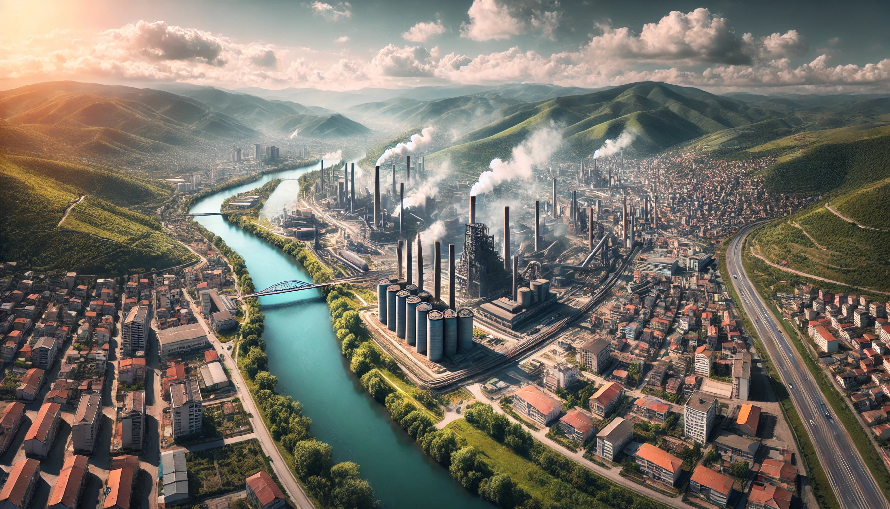 Aerial view of Karabük city with steel works and lush surrounding landscapes in Turkey’s Black Sea region