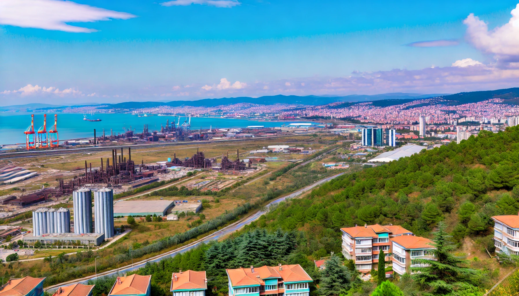 Scenic view of Kocaeli, Turkey, featuring a mix of industrial areas, the cityscape of İzmit, the Sea of Marmara, and the Samanlı Mountains with lush green landscapes.