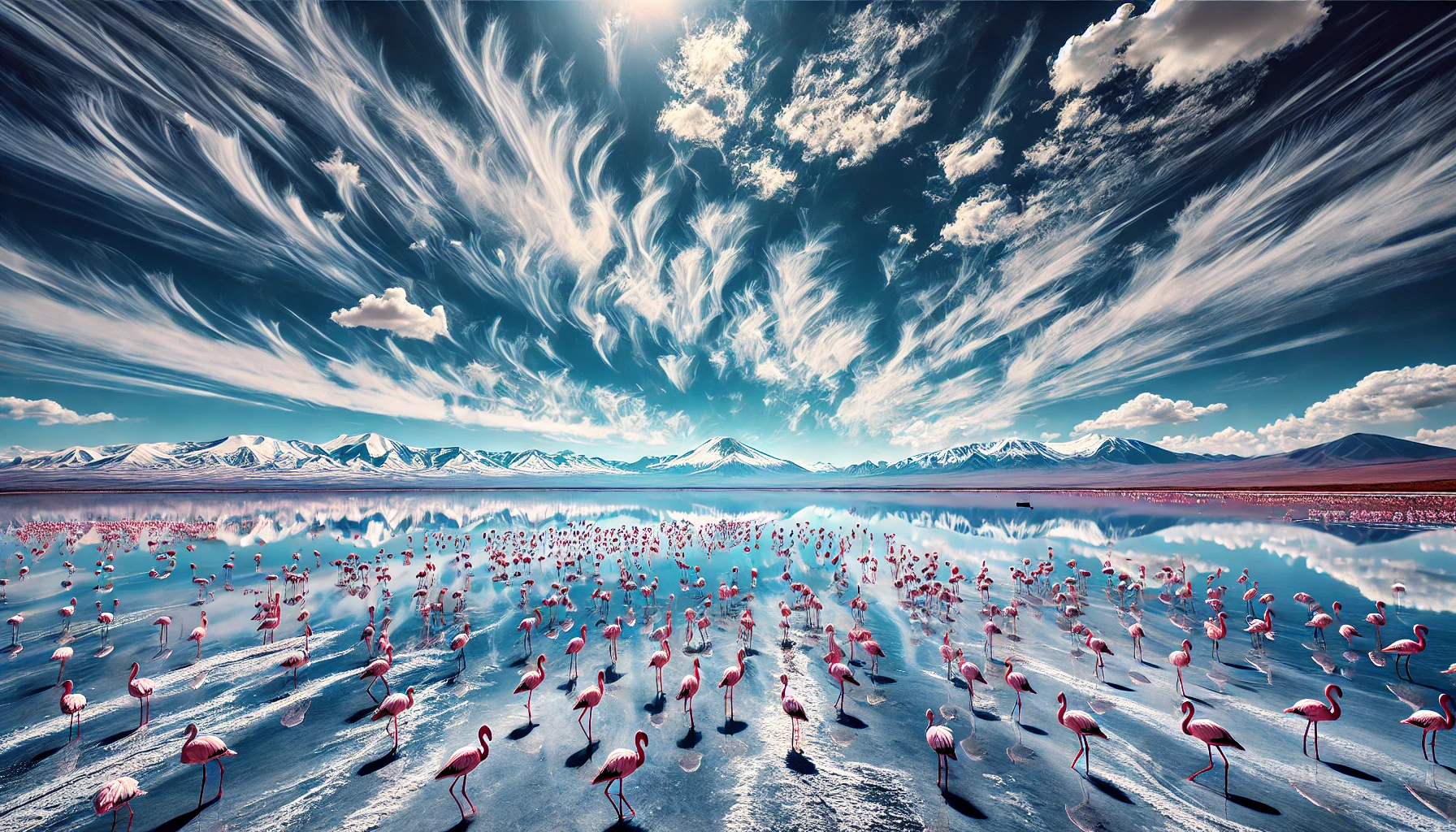 Stunning view of Lake Tuz (Salt Lake) in Central Anatolia, Turkey, with flocks of flamingos