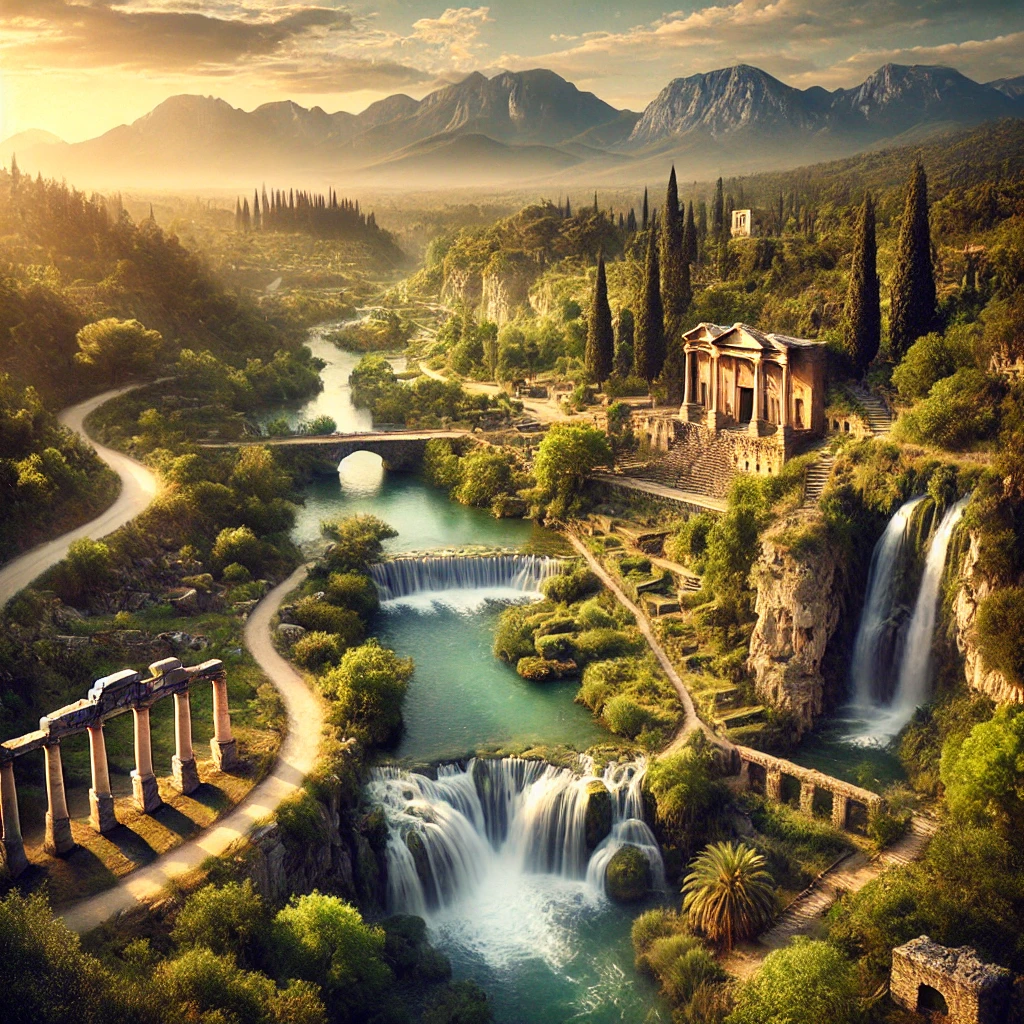 Picturesque landscape near Tarsus, Mersin, featuring ancient Roman ruins and a serene waterfall with the Taurus Mountains in the background.