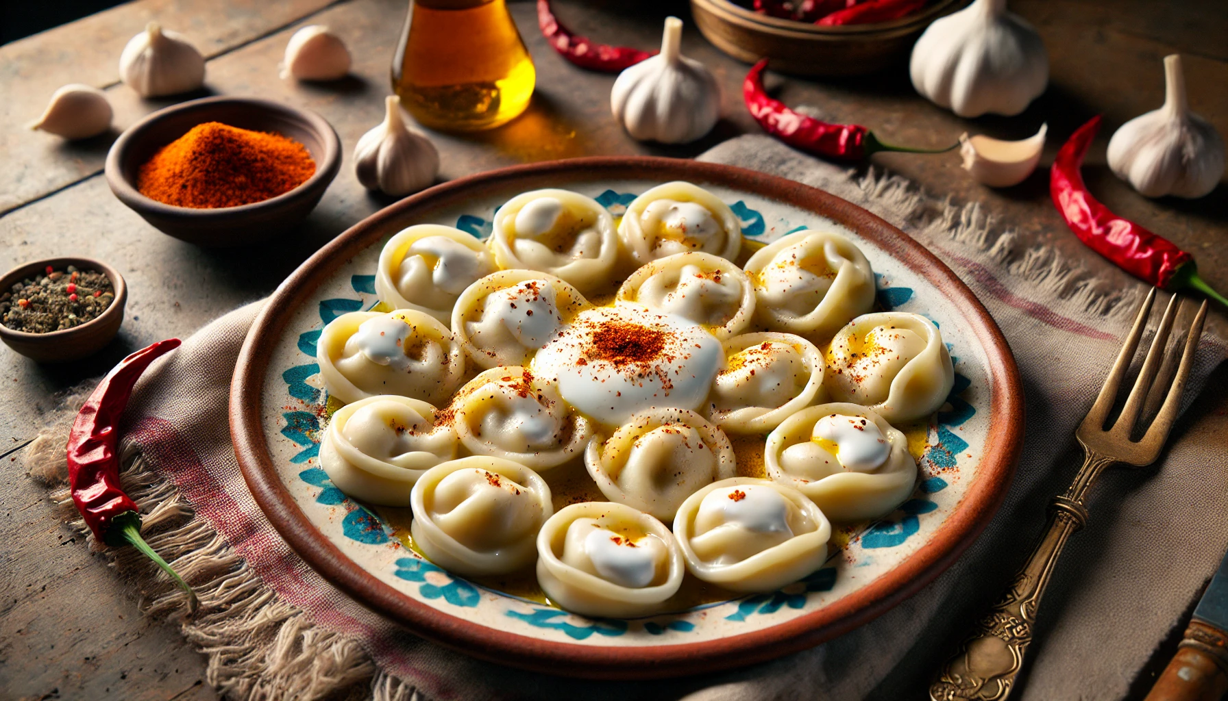 Plate of Turkish Manti dumplings topped with garlic yogurt, melted butter, and red pepper powder.