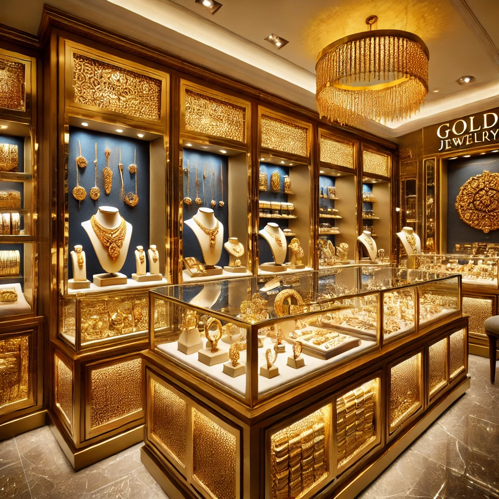 A luxurious Turkish gold jewelry store showcasing intricate earrings, necklaces, bangles, and gold bars.