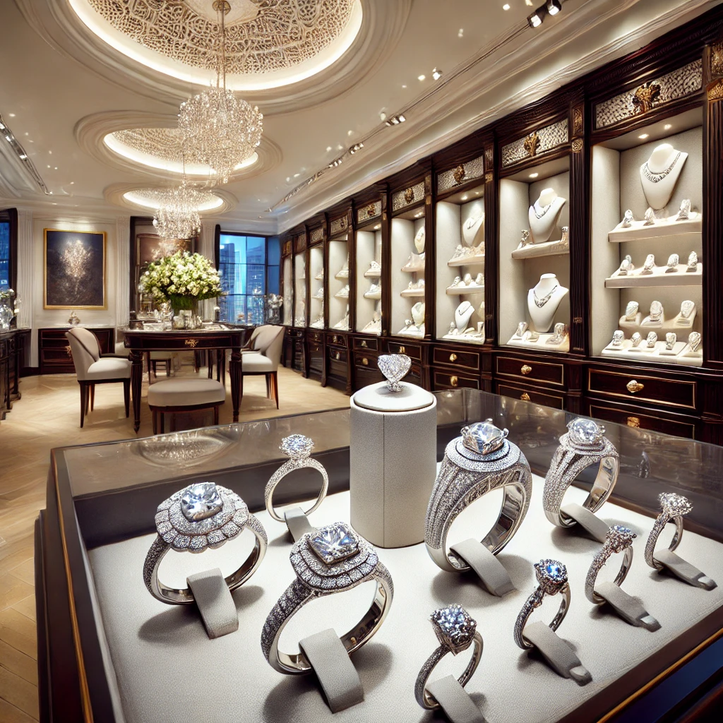 A luxurious Turkish jewelry store interior showcasing a variety of diamond jewelry, including engagement rings, diamond necklaces, and earrings.