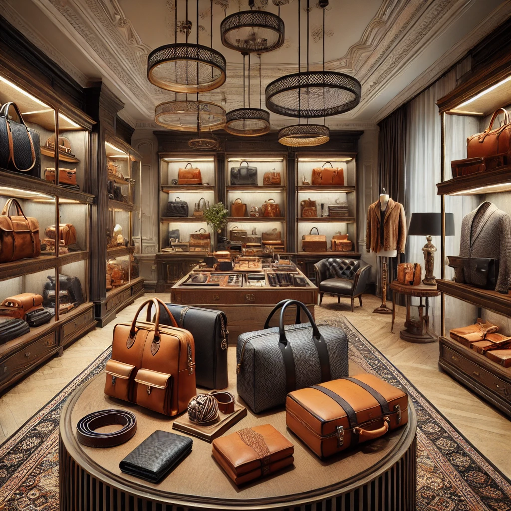 A luxurious Turkish leather boutique displaying a variety of high-quality leather products, including wallets, belts, bags, and jackets.