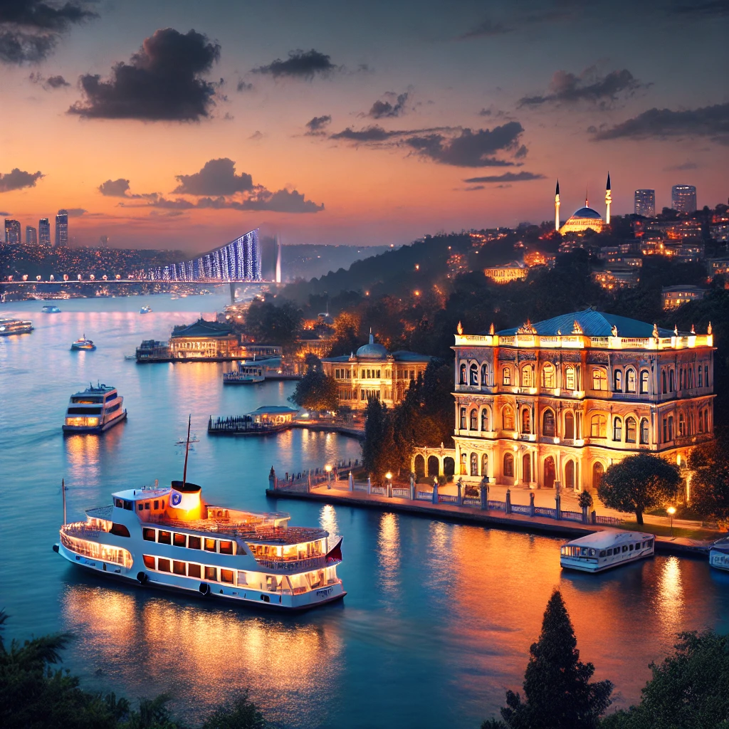 Evening view of the Bosphorus in Istanbul with illuminated landmarks and a yacht cruising along.